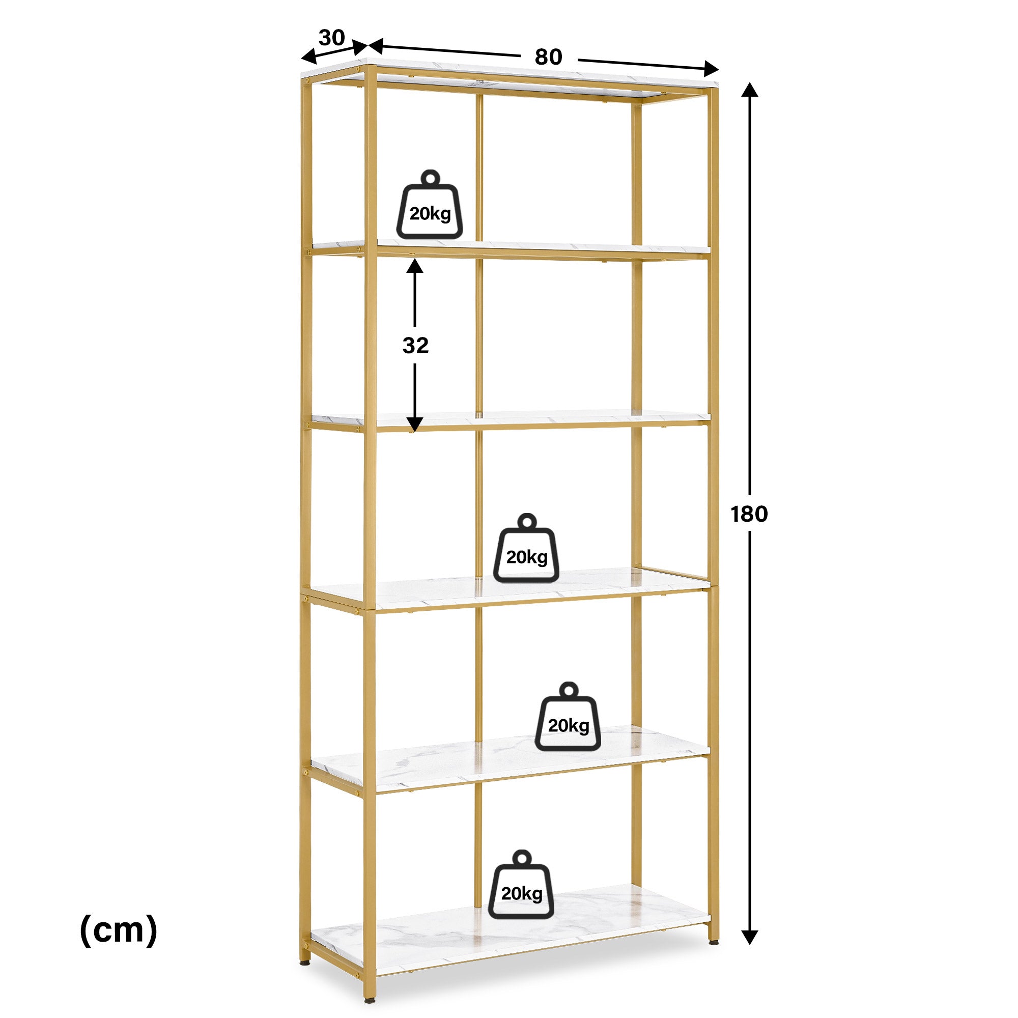 BarberPub Bücherregal Gold, Standregal mit 5 Ebenen, Büroregal mit Metallrahmen, Regal für Büro, Wohnzimmer, Schlafzimmer, Küche, Nagelstudio, 30x80x180cm, 5166