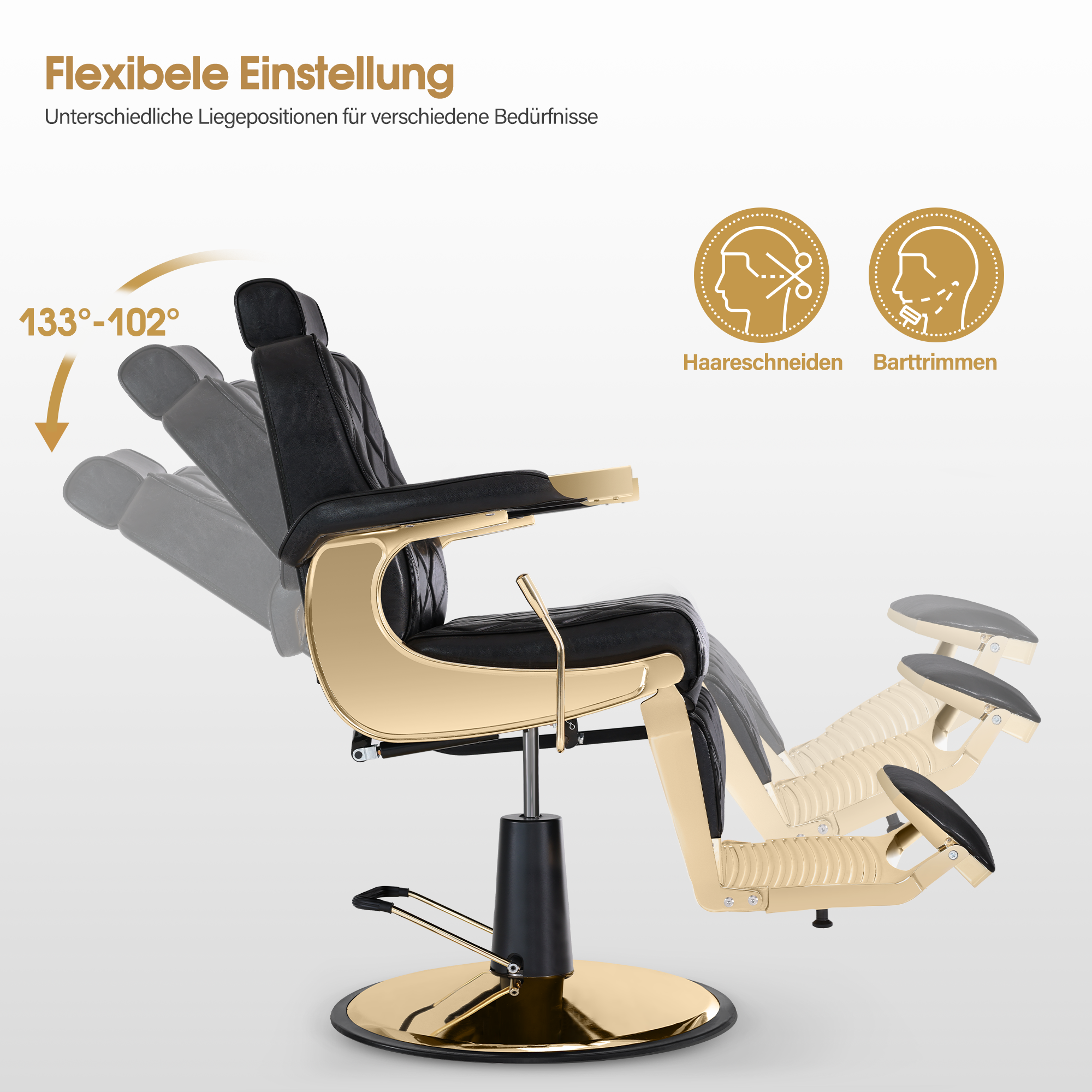 Barberpub Friseurstuhl mit Kopfstütze Kippbar, Friseureinrichtung mit Hydraulikpumpe 360° Drehbar, Bedienungsstuhl Höhenverstellbar, Barber Stuhl Friseurstühle Kunstleder, 9671 (Gold-Schwarz)