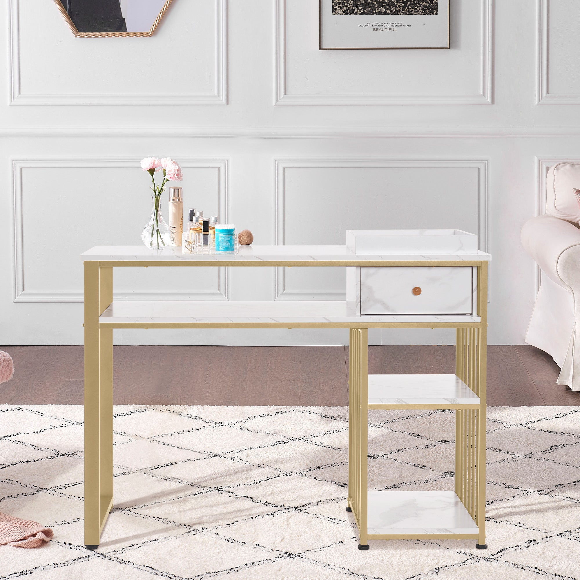 BarberPub Schminktisch mit Schubladen, Nageltisch mit Regal, Manikürtisch aus Holz Metallgestell, Schminktisch ohne Spiegel Wohnzimmer Modern, Marmor-Weiß Gold, 45 x 110 x 80.5cm, 2498