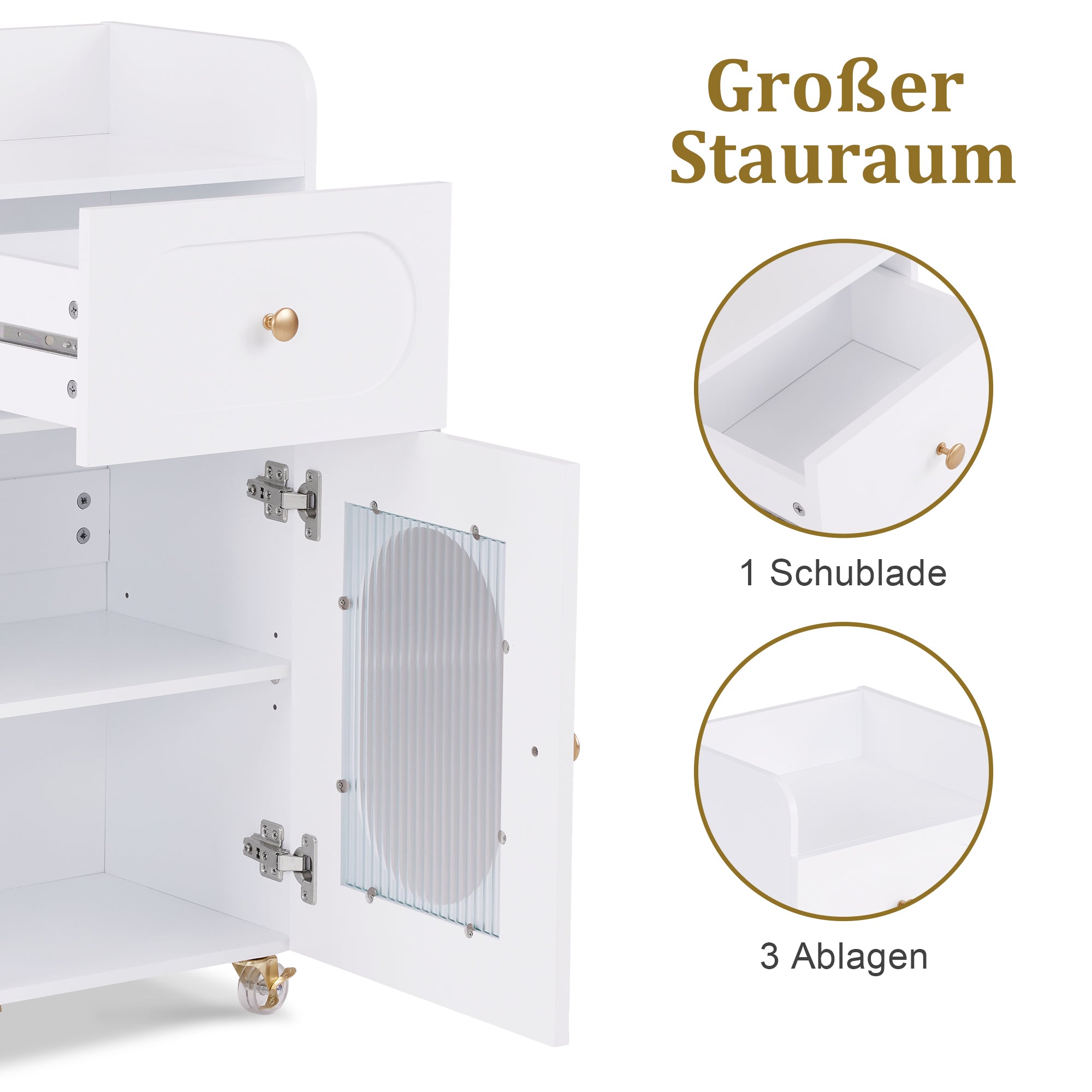 Barberpub Friseurwagen mit Rollen & Schubladen, Rollwagen Servierwagen Weiß, Salon Trolley mit 3 Ablagen & Föhnhalter, Moderner Arbeitswagen für Bad Wohnzimmer, 31,4x37x85,5 cm, 0051
