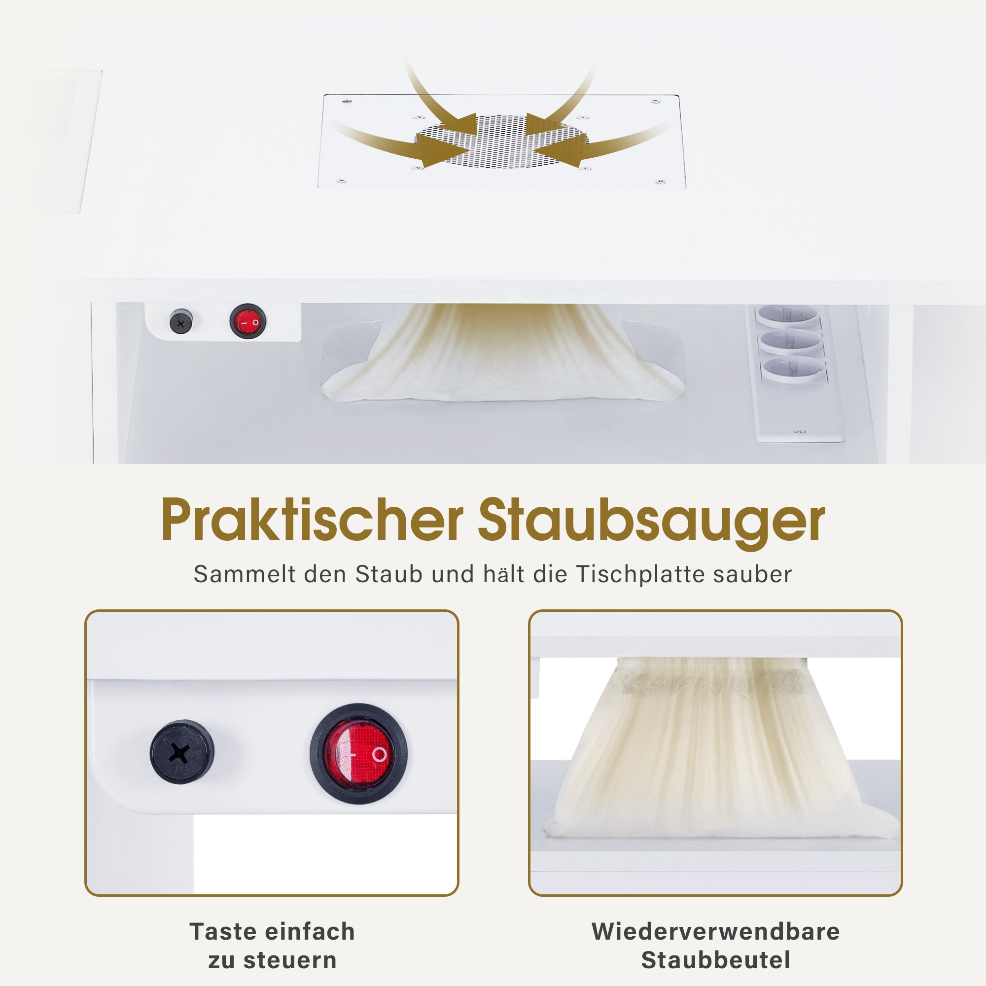 BarberPub Manikürtisch mit 4 Schubladen, Regal, 2 Ablagen & Glasplatte, Nageltisch mit Absaugung & 2 Staubsaugerbeuteln, Nagelfrisiertisch Holz, Schreibtisch für Nagelstudio Weiß, 55x120x80cm, 2442