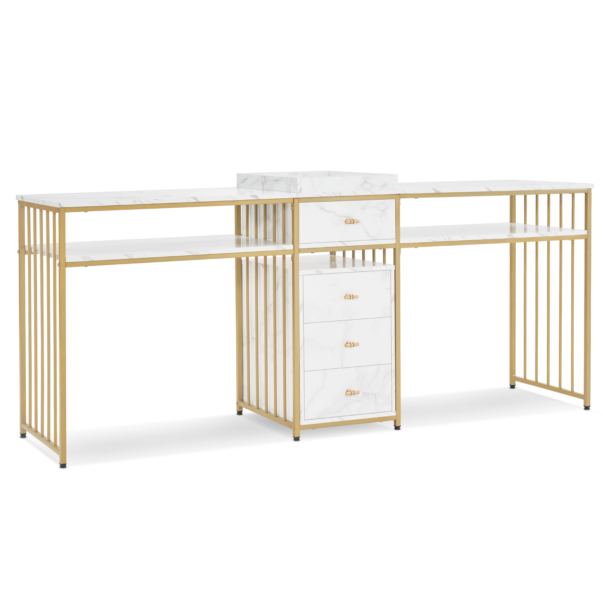 Barberpub Doppelnageltisch mit Schubladen, Schreibtisch mit Regal, Manikürtisch, Schminktisch ohne Spiegel Wohnzimmer Modern, Marmor-Weiß Gold, 50 x 200 x 86cm, 2413