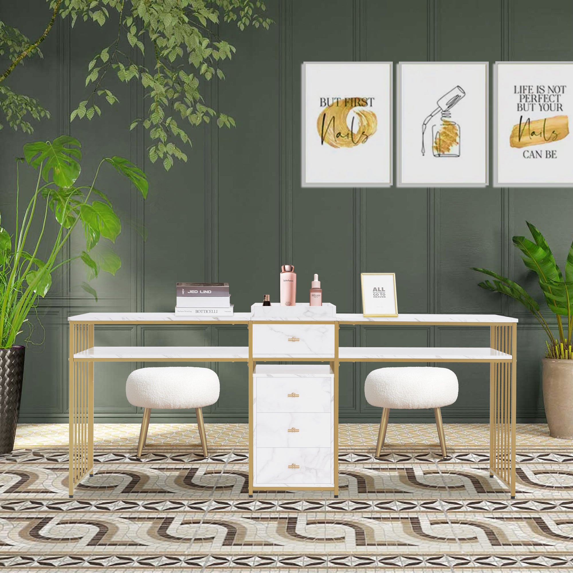 Barberpub Doppelnageltisch mit Schubladen, Schreibtisch mit Regal, Manikürtisch, Schminktisch ohne Spiegel Wohnzimmer Modern, Marmor-Weiß Gold, 50 x 200 x 86cm, 2413