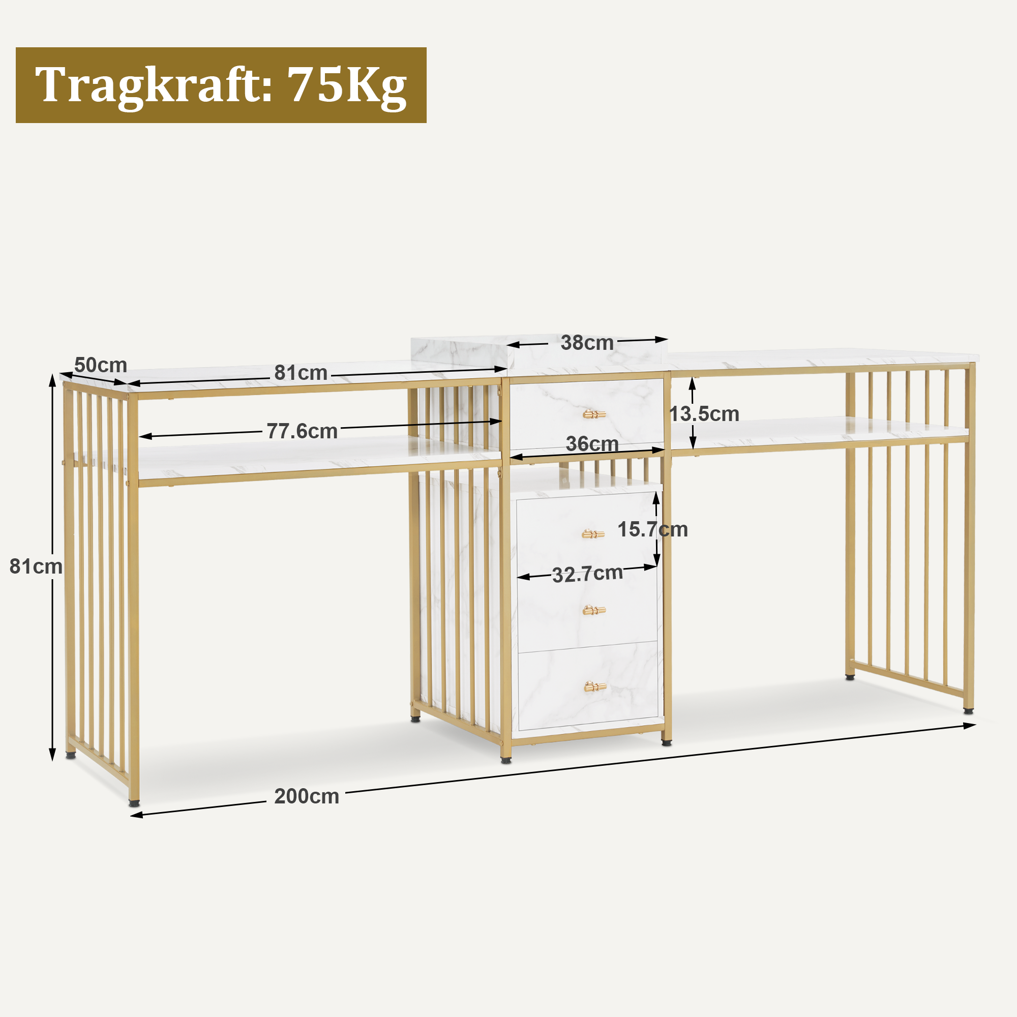 Barberpub Doppelnageltisch mit Schubladen, Schreibtisch mit Regal, Manikürtisch, Schminktisch ohne Spiegel Wohnzimmer Modern, Marmor-Weiß Gold, 50 x 200 x 86cm, 2413