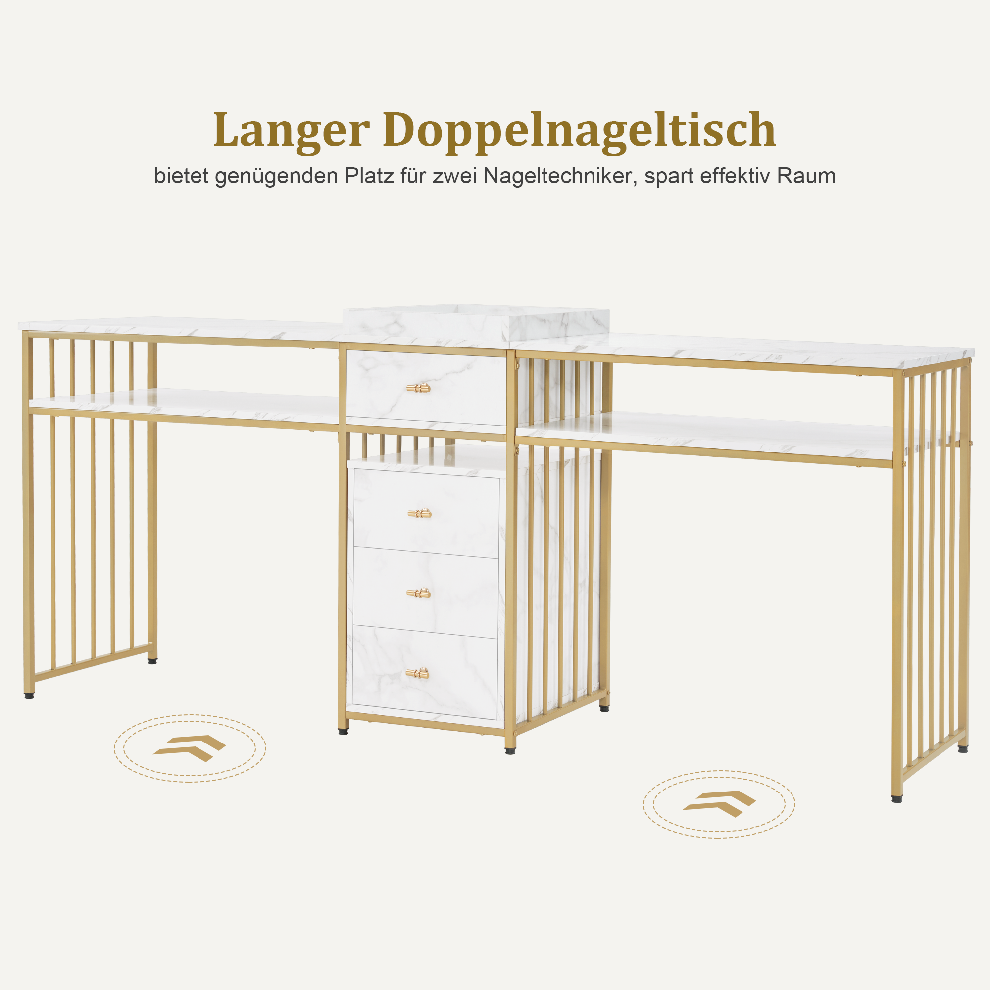 Barberpub Doppelnageltisch mit Schubladen, Schreibtisch mit Regal, Manikürtisch, Schminktisch ohne Spiegel Wohnzimmer Modern, Marmor-Weiß Gold, 50 x 200 x 86cm, 2413