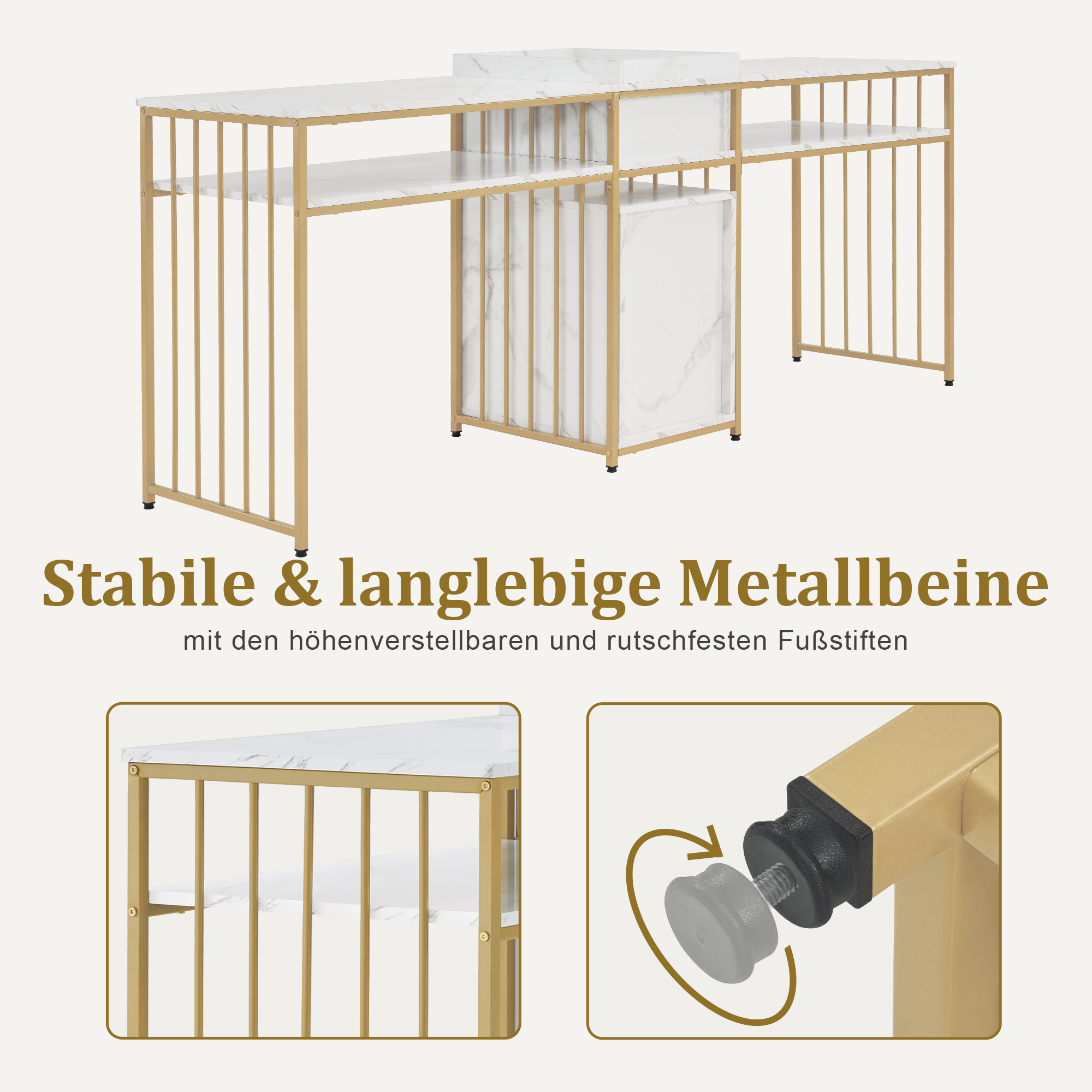 Barberpub Doppelnageltisch mit Schubladen, Schreibtisch mit Regal, Manikürtisch, Schminktisch ohne Spiegel Wohnzimmer Modern, Marmor-Weiß Gold, 50 x 200 x 86cm, 2413