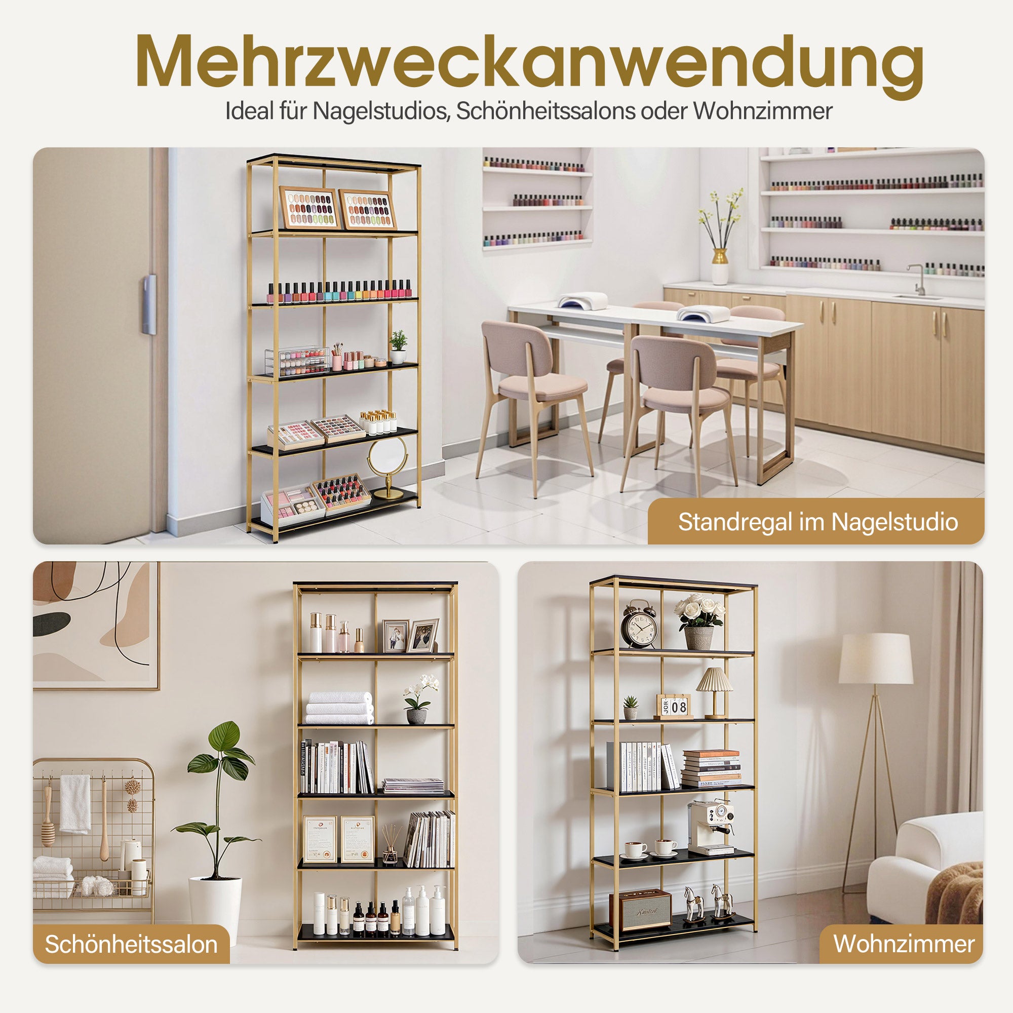 BarberPub Bücherregal Gold, Standregal mit 5 Ebenen, Büroregal mit Metallrahmen, Regal für Büro, Wohnzimmer, Schlafzimmer, Küche, Nagelstudio, 30x80x180cm, 5166