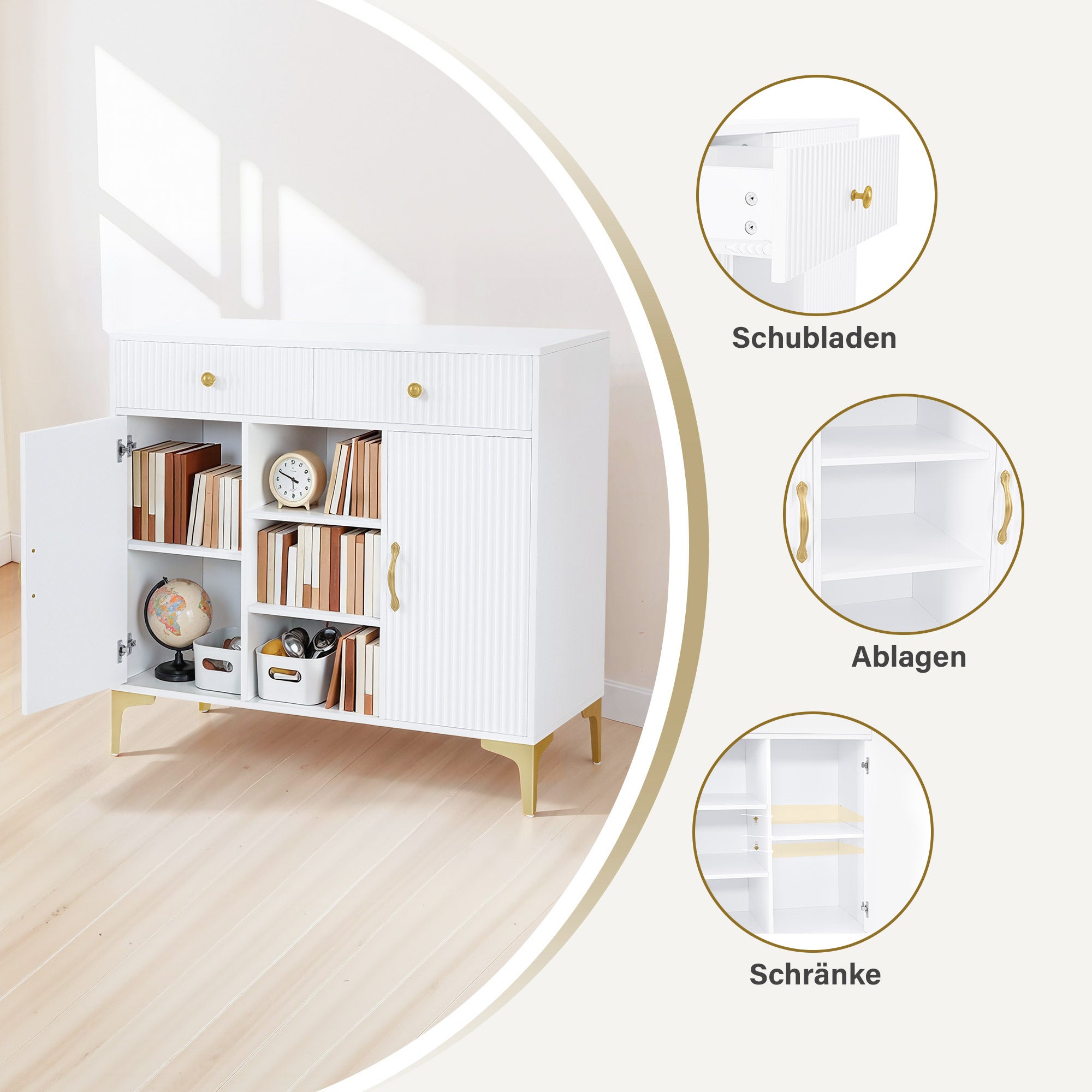 BarberPub Sideboard mit 2 Schubladen, Badezimmerschrank mit 3 Offenen Fächern & 2 Verstellbaren Ablagen, Küchenschrank, Kommode Weiß, Beistellschrank für Nagelstudio, Badschrank, 40x100x95cm, 6647