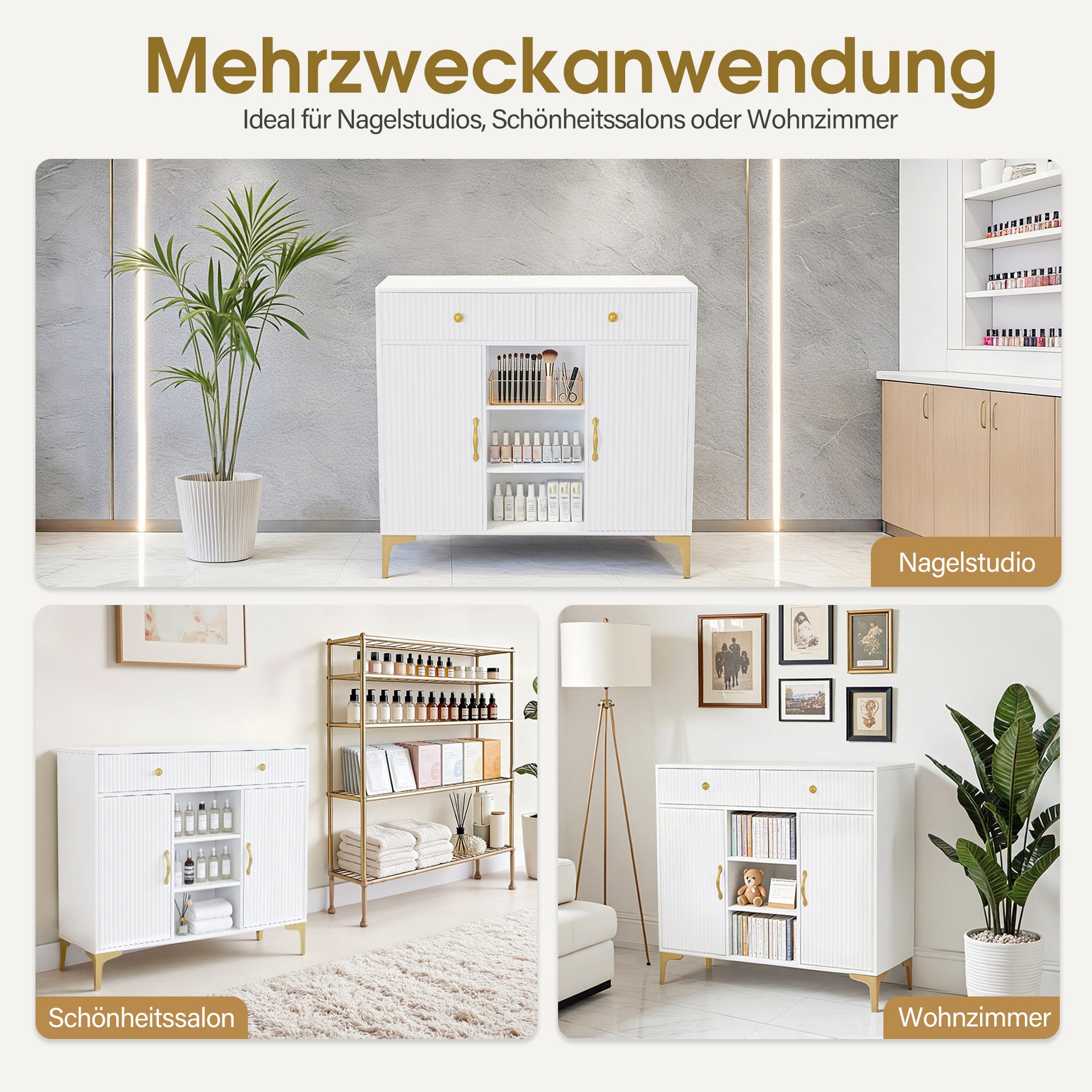 BarberPub Sideboard mit 2 Schubladen, Badezimmerschrank mit 3 Offenen Fächern & 2 Verstellbaren Ablagen, Küchenschrank, Kommode Weiß, Beistellschrank für Nagelstudio, Badschrank, 40x100x95cm, 6647