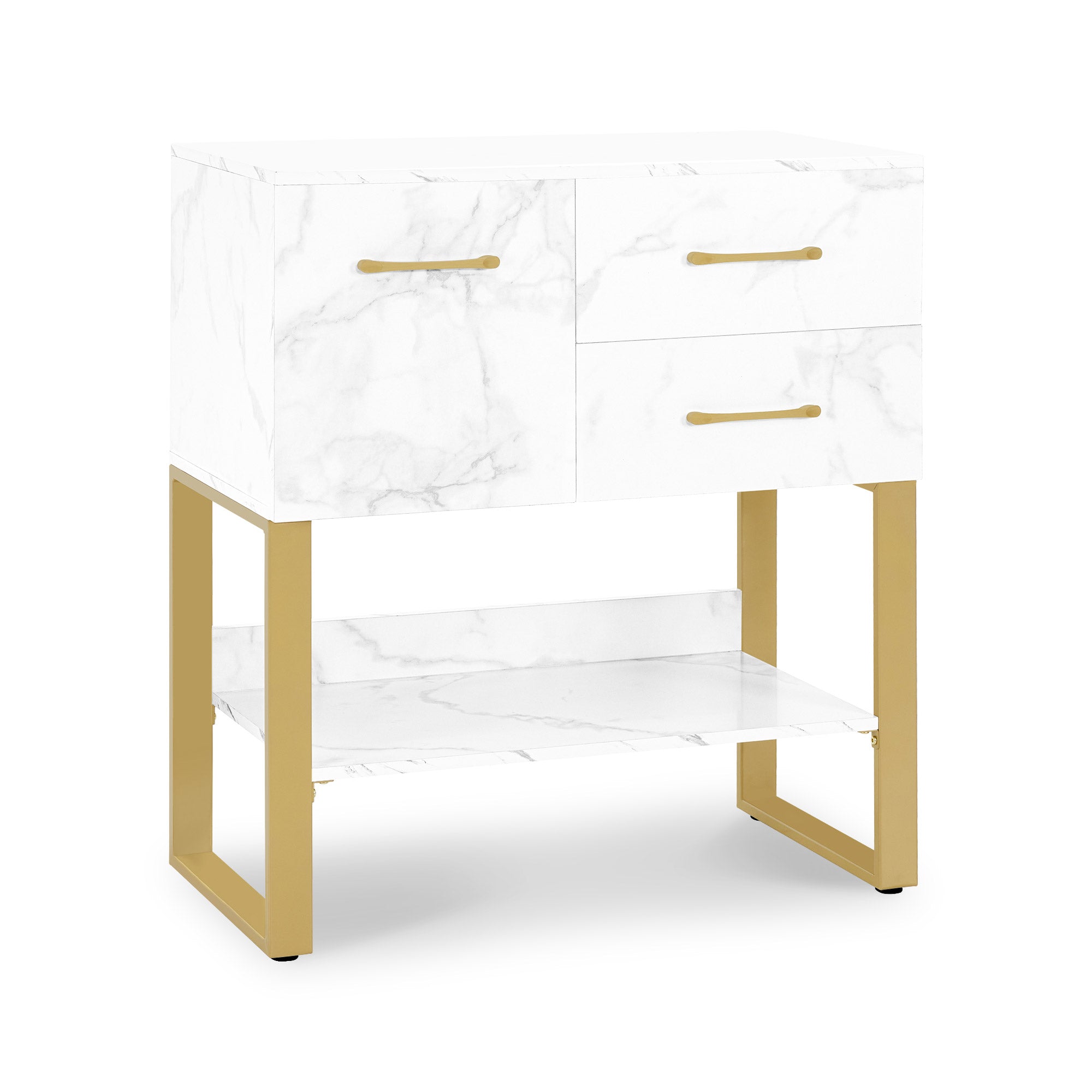BarberPub Sideboard mit 2 Schubladen, Badezimmerschrank mit Schrank & Offener Ablage, Kommode Metallgestell, Beistellschrank für Friseursalon, Aufbewahrungsschrank Marmor-Weiß Gold, 40x80x90,5cm, 6678