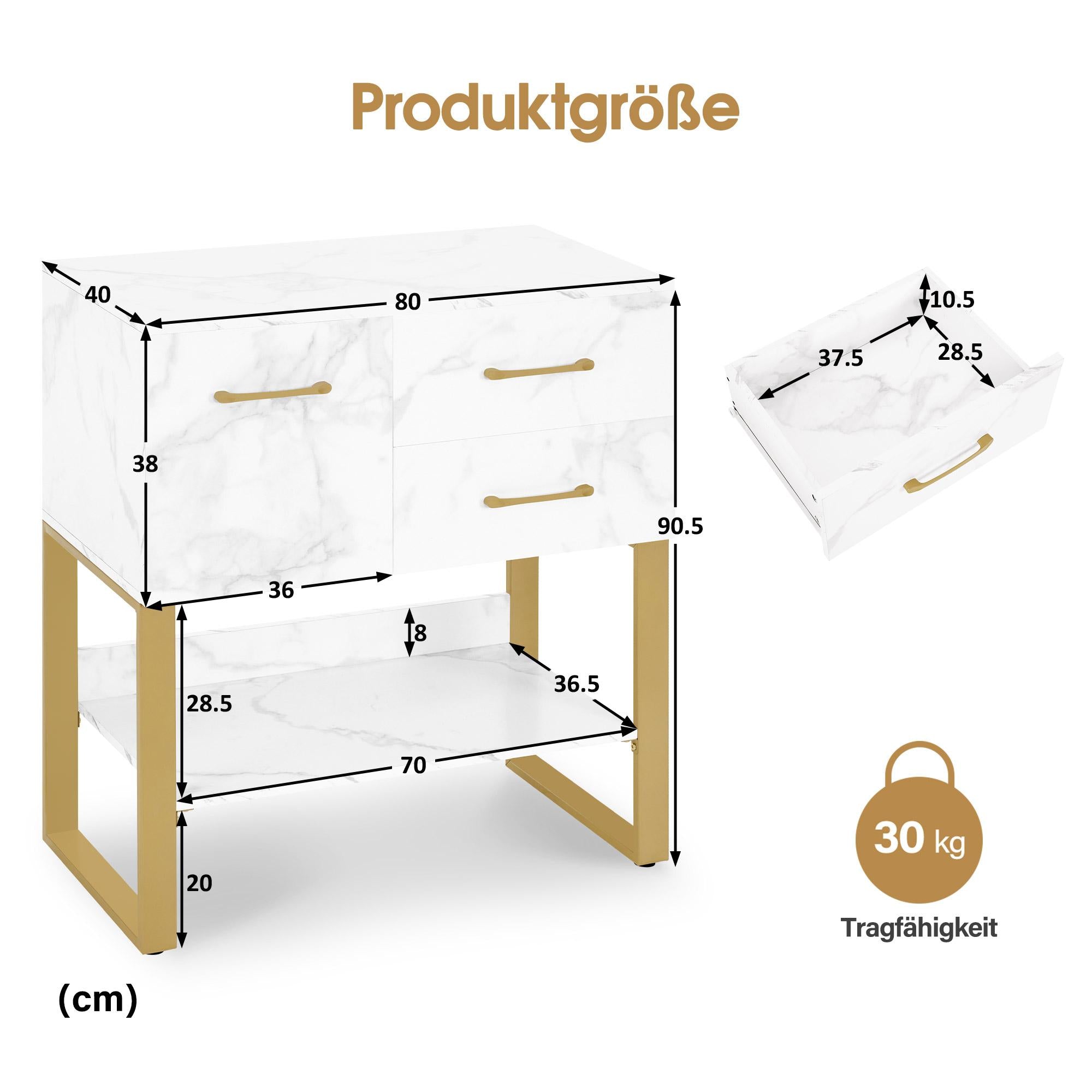 BarberPub Sideboard mit 2 Schubladen, Badezimmerschrank mit Schrank & Offener Ablage, Kommode Metallgestell, Beistellschrank für Friseursalon, Aufbewahrungsschrank Marmor-Weiß Gold, 40x80x90,5cm, 6678