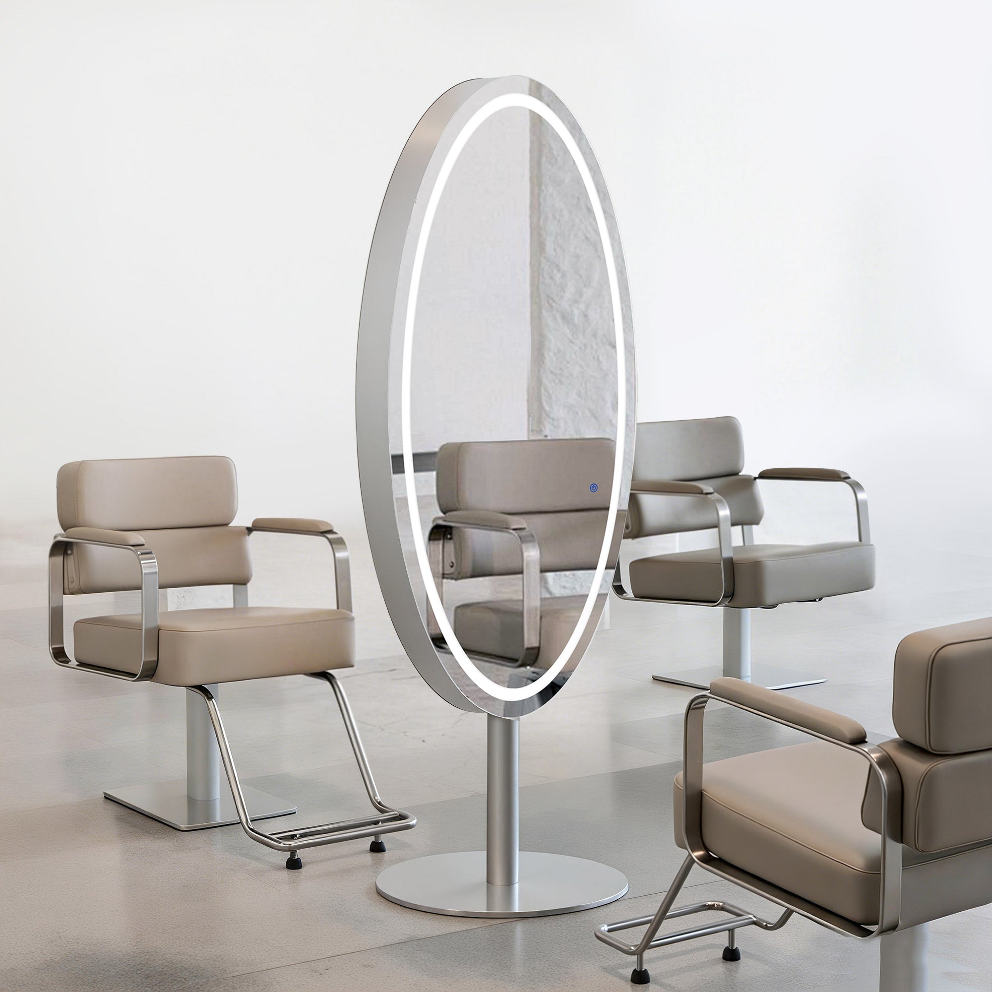 BarberPub Standspiegel mit Beleuchtung, Ganzkörperspiegel mit Edelstahl, Großer Doppelspiegel mit Sockel, Touch-Schalter, 3 Lichtfarben Dimmbar, für Friseursalon, 60x60x192 cm, J8363 (Silber)