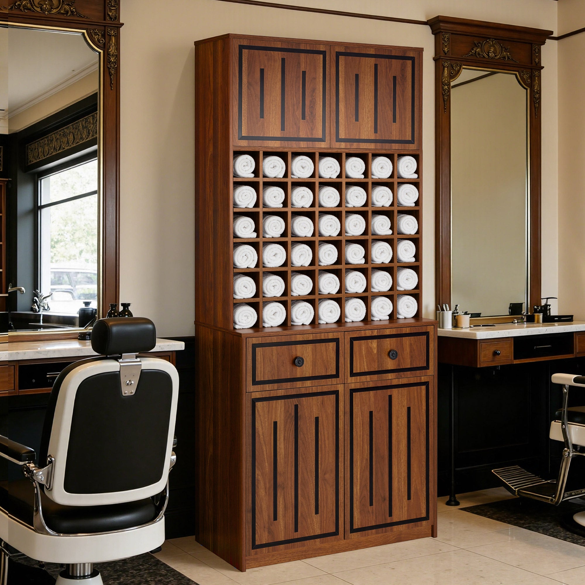 BarberPub Handtuchschrank mit 2 Schubladen, 42 Offenen Fächern & 4 Schränken, Badezimmerschrank Schwarz, Hochschrank Aufbewahrungsschrank Holz für Friseursalon, Schönheitssalon R6194/R6179