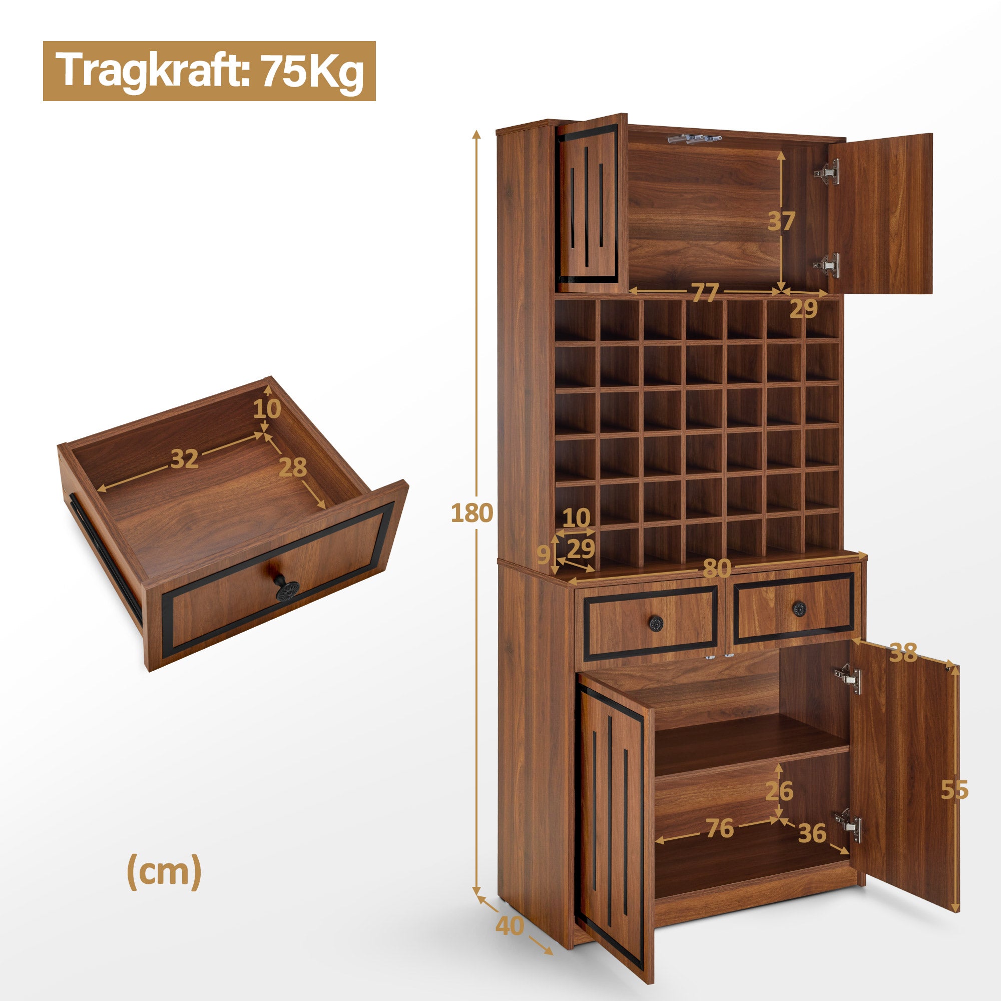 BarberPub Handtuchschrank mit 2 Schubladen, 42 Offenen Fächern & 4 Schränken, Badezimmerschrank Schwarz, Hochschrank Aufbewahrungsschrank Holz für Friseursalon, Schönheitssalon R6194/R6179