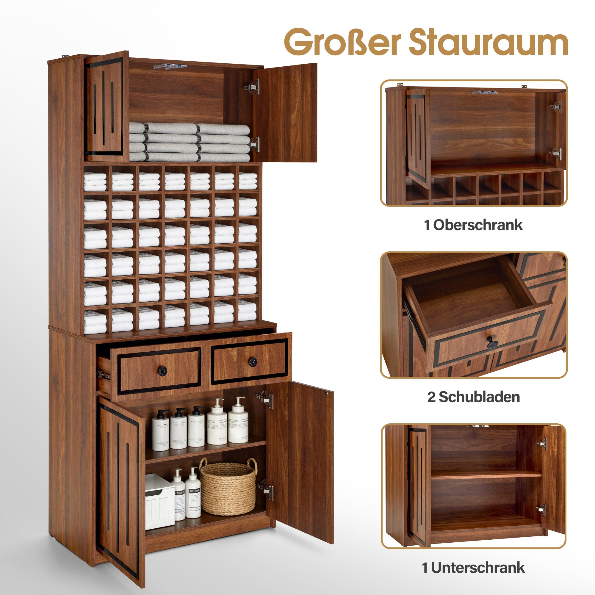 BarberPub Handtuchschrank mit 2 Schubladen, 42 Offenen Fächern & 4 Schränken, Badezimmerschrank Schwarz, Hochschrank Aufbewahrungsschrank Holz für Friseursalon, Schönheitssalon R6194/R6179