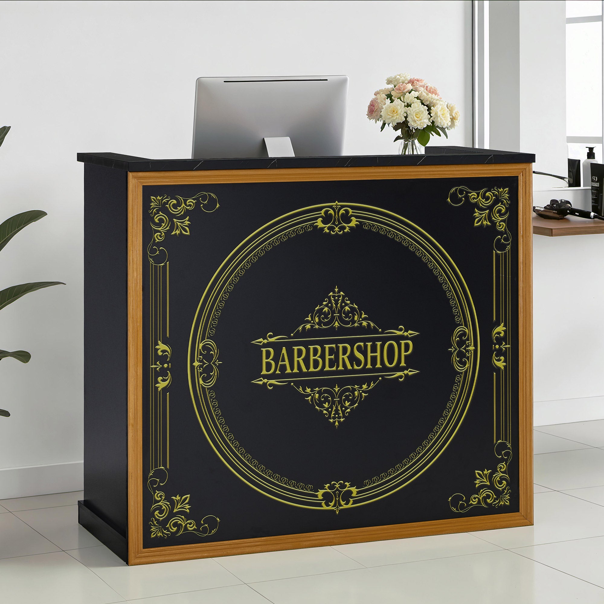 BarberPub Empfangstheke mit 2 Schubladen & 3 Schränken, Empfangstisch Abschließbar, Empfangstresen Holz, Rezeptionstisch Rezeptionstheke Kassentheke für Friseursalon, 53x120x110cm, R9773(Schwarz-Gold)