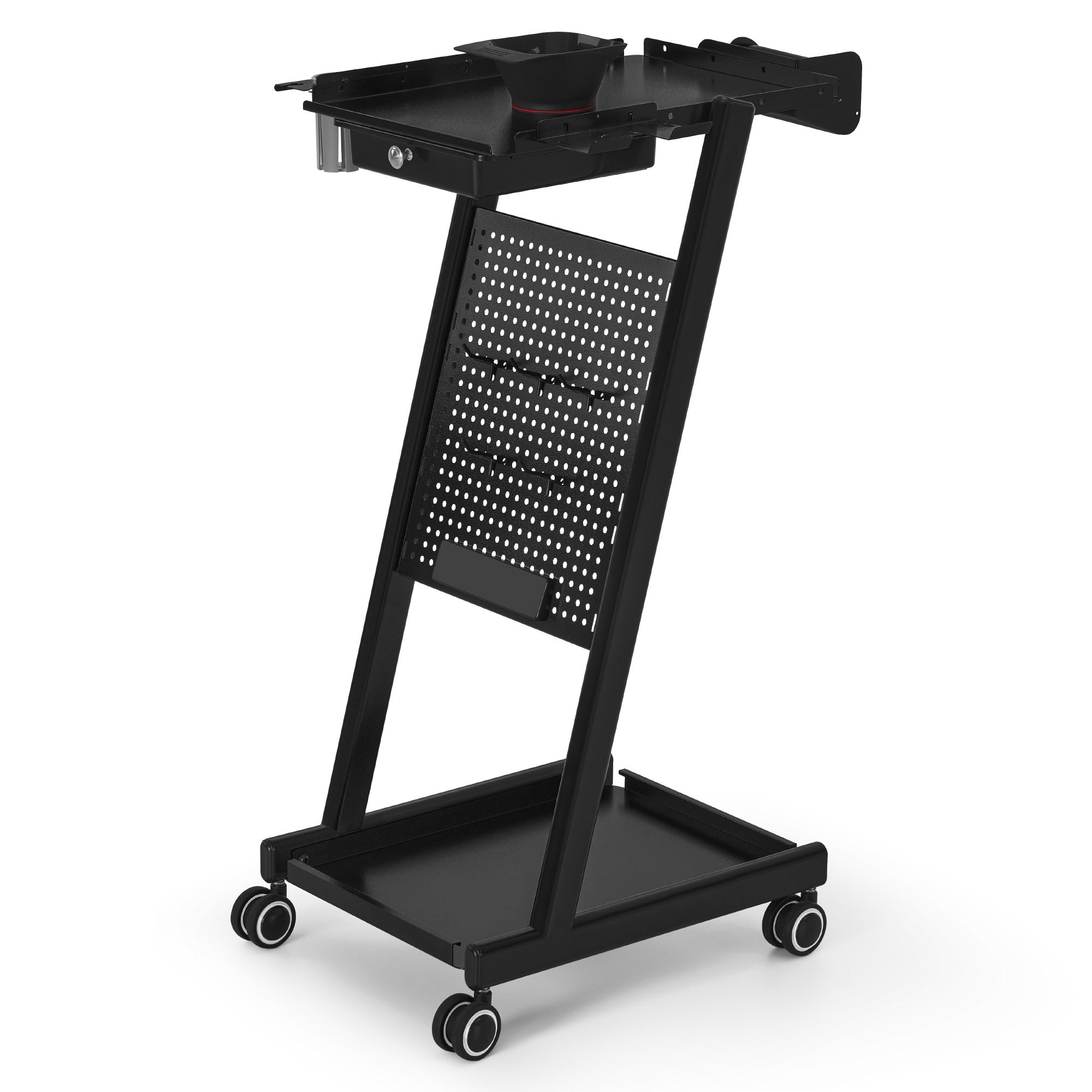 BarberPub Friseurwagen mit Schublade & 2 Ablagen, Friseur Arbeitswagen mit Farbenschale, Folienhalter & 5 Haken, Beauty Salon Trolley Metall, Rollwagen Stapelboy 47x39x94cm, 0085 (Schwarz)