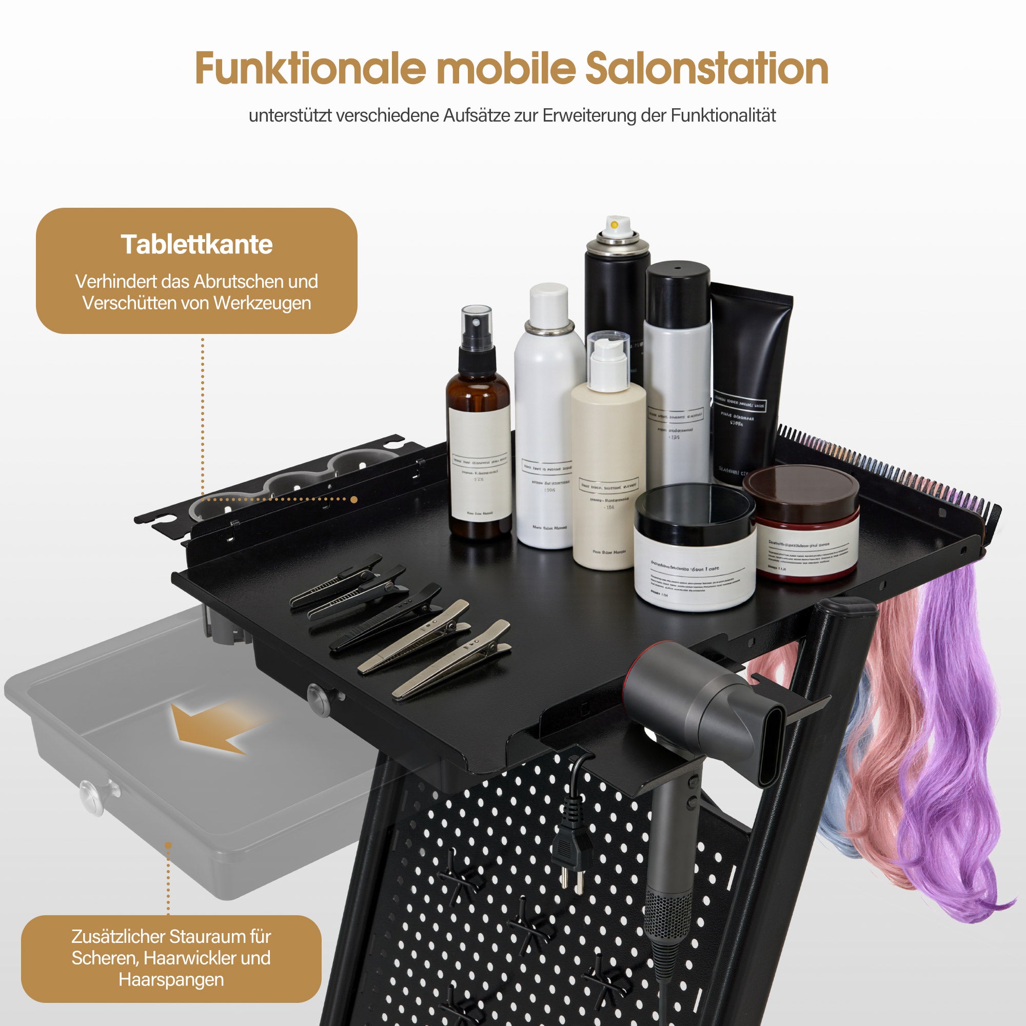 BarberPub Friseurwagen mit Schublade & 2 Ablagen, Friseur Arbeitswagen mit Farbenschale, Folienhalter & 5 Haken, Beauty Salon Trolley Metall, Rollwagen Stapelboy 47x39x94cm, 0085 (Schwarz)