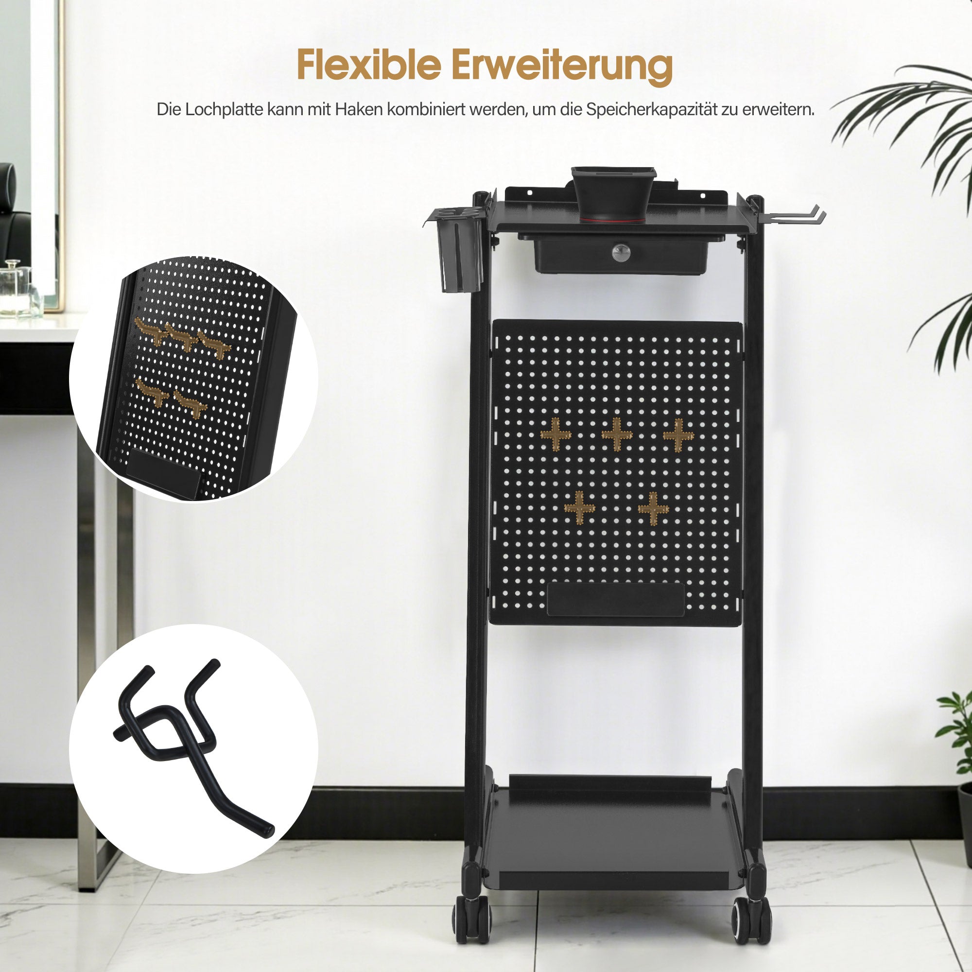 BarberPub Friseurwagen mit Schublade & 2 Ablagen, Friseur Arbeitswagen mit Farbenschale, Folienhalter & 5 Haken, Beauty Salon Trolley Metall, Rollwagen Stapelboy 47x39x94cm, 0085 (Schwarz)