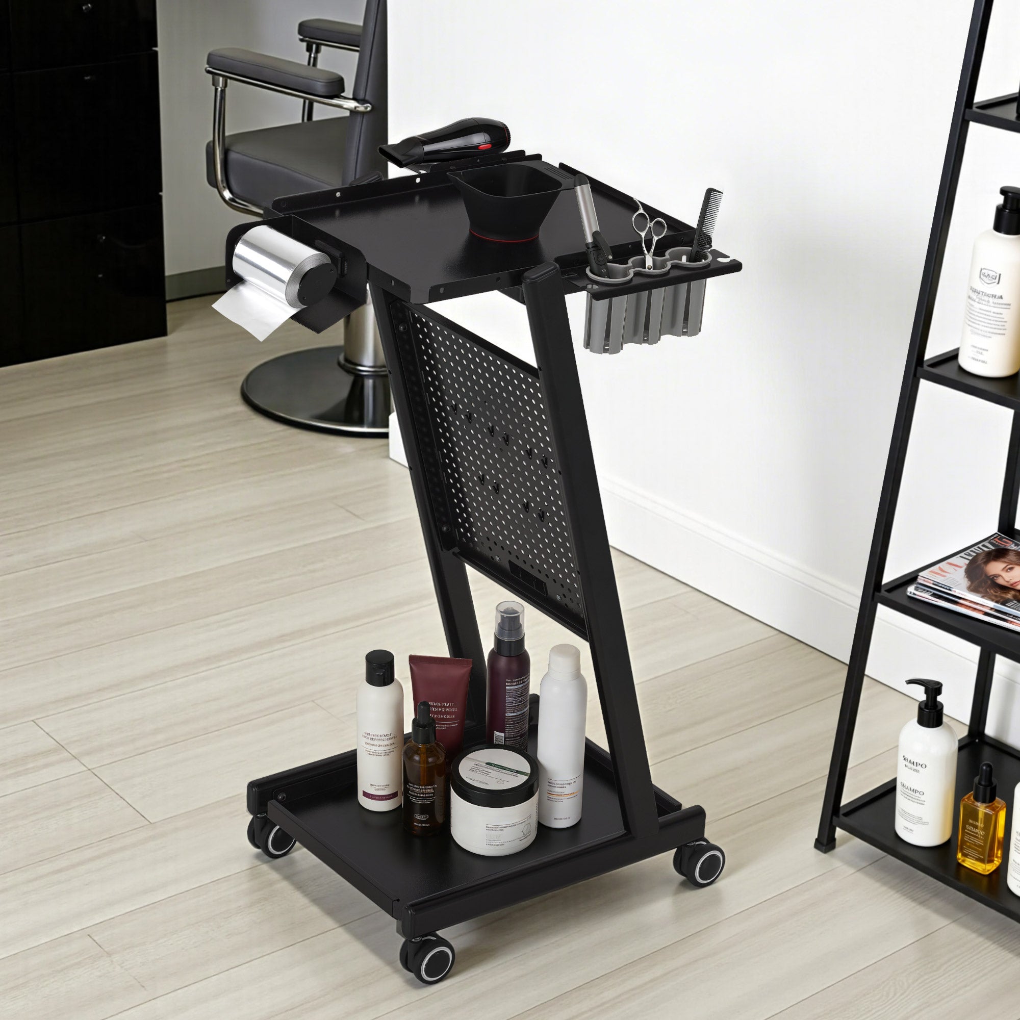 BarberPub Friseurwagen mit Schublade & 2 Ablagen, Friseur Arbeitswagen mit Farbenschale, Folienhalter & 5 Haken, Beauty Salon Trolley Metall, Rollwagen Stapelboy 47x39x94cm, 0085 (Schwarz)