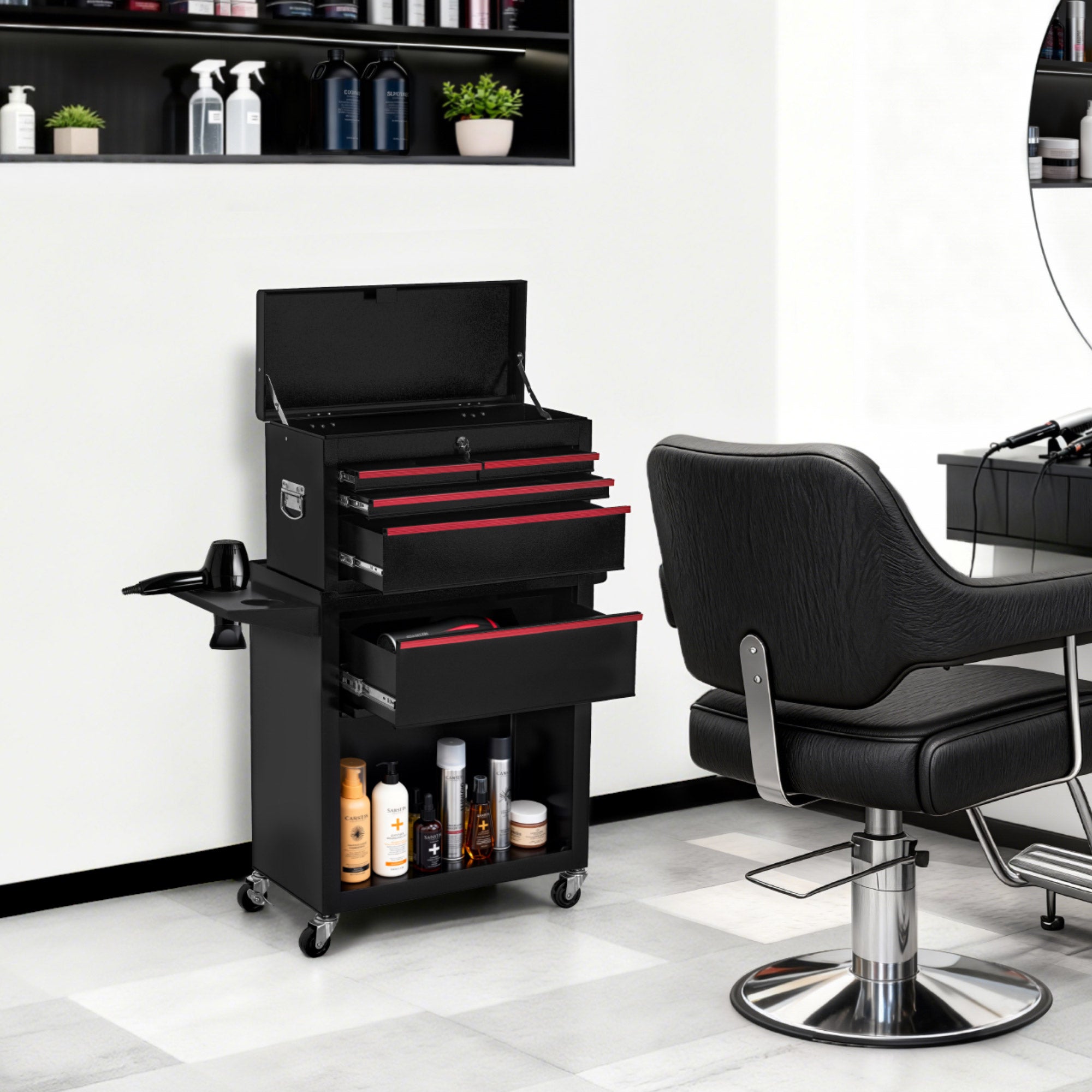 BarberPub 2 in 1 Friseurwagen mit 5 Schubladen, Schrank & 6 Haken, Bedienungswagen mit Rollen, Friseur Arbeitswagen Abschließbar, Beauty Salon Trolley Metall, Rollwagen Stapelboy, 33x70x108cm, 0097