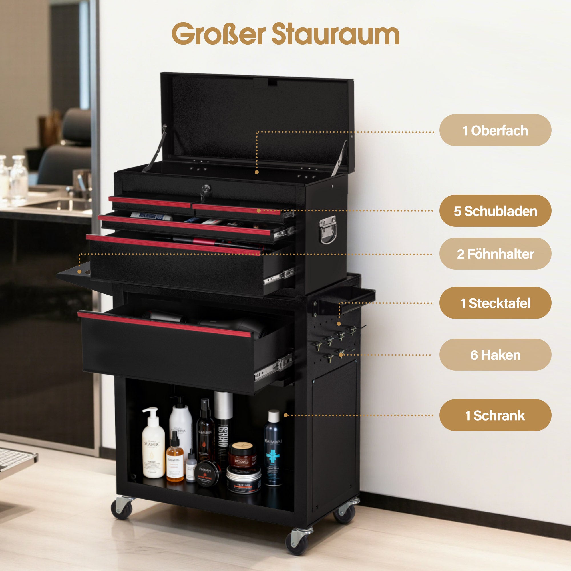 BarberPub 2 in 1 Friseurwagen mit 5 Schubladen, Schrank & 6 Haken, Bedienungswagen mit Rollen, Friseur Arbeitswagen Abschließbar, Beauty Salon Trolley Metall, Rollwagen Stapelboy, 33x70x108cm, 0097
