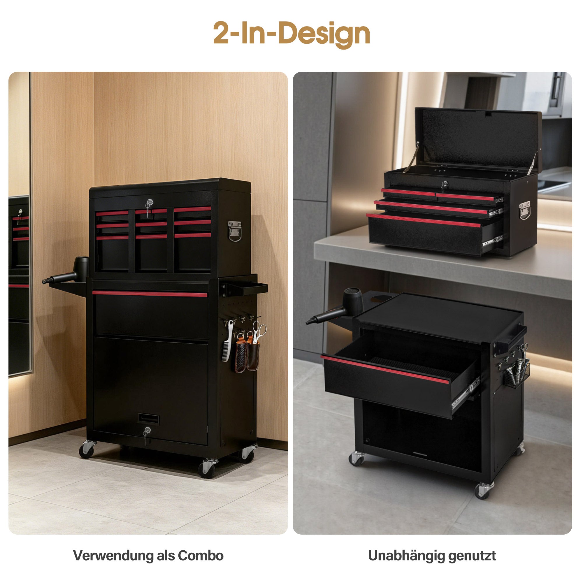 BarberPub 2 in 1 Friseurwagen mit 5 Schubladen, Schrank & 6 Haken, Bedienungswagen mit Rollen, Friseur Arbeitswagen Abschließbar, Beauty Salon Trolley Metall, Rollwagen Stapelboy, 33x70x108cm, 0097