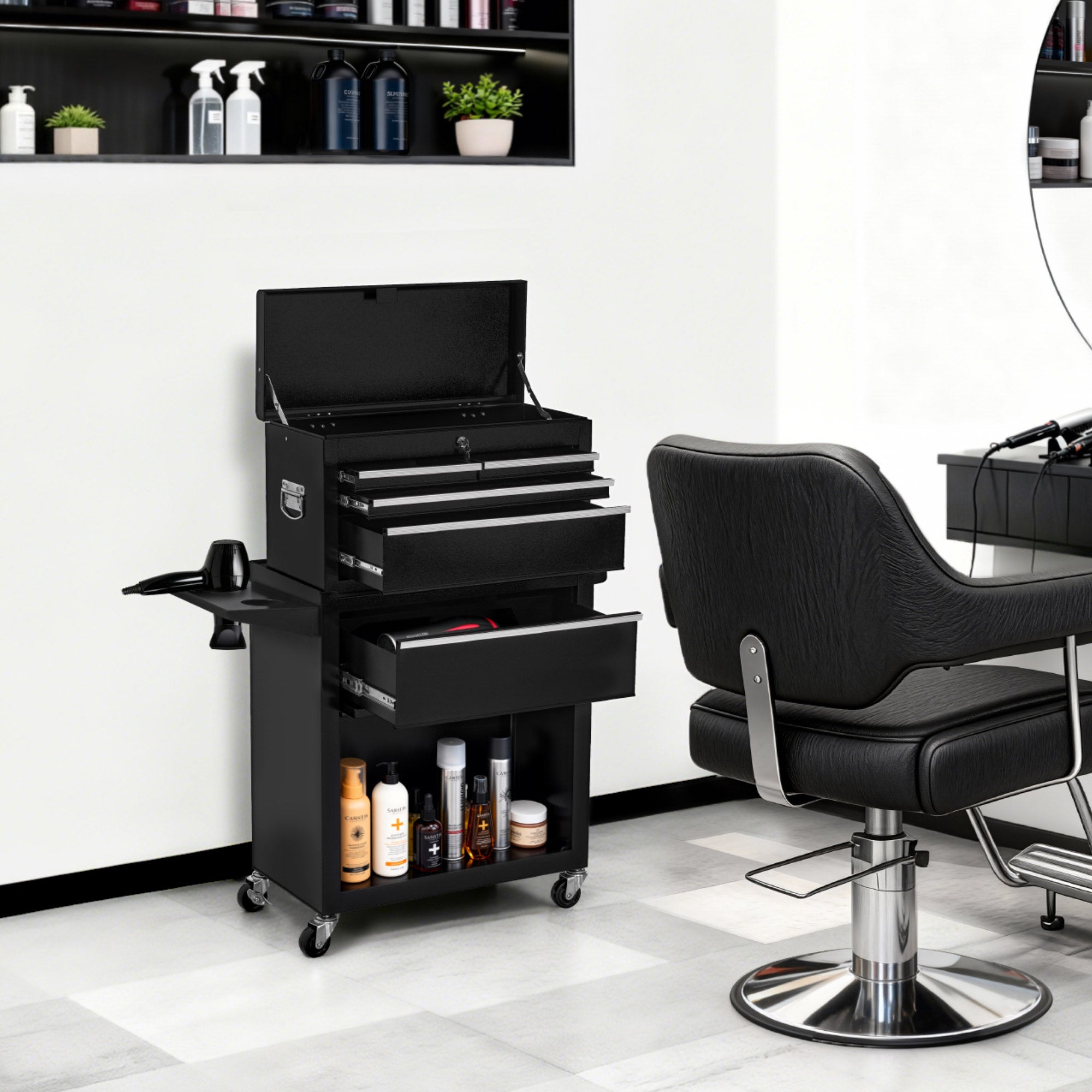 BarberPub 2 in 1 Friseurwagen mit 5 Schubladen, Schrank & 6 Haken, Bedienungswagen mit Rollen, Friseur Arbeitswagen Abschließbar, Beauty Salon Trolley Metall, Rollwagen Stapelboy, 33x70x108cm, 0097