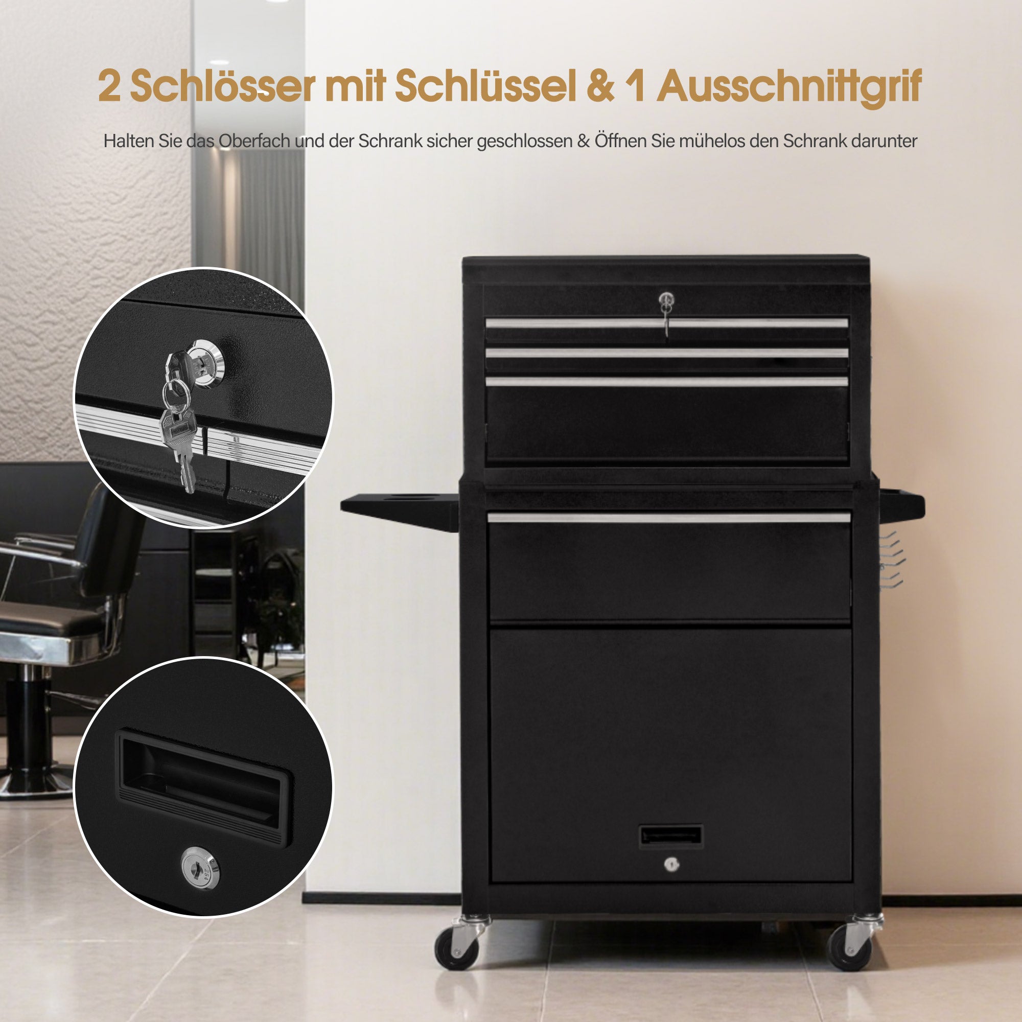 BarberPub 2 in 1 Friseurwagen mit 5 Schubladen, Schrank & 6 Haken, Bedienungswagen mit Rollen, Friseur Arbeitswagen Abschließbar, Beauty Salon Trolley Metall, Rollwagen Stapelboy, 33x70x108cm, 0097