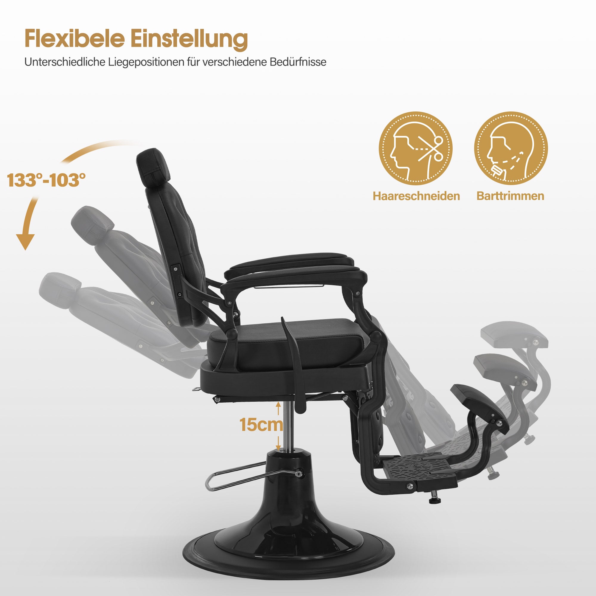 BarberPub Friseurstuhl mit Kopfstütze Kippbar, Friseureinrichtung mit Hydraulikpumpe 360° Drehbar, Höhenverstellbarer Bedienungsstuhl mit Vintage Stil, Barber Stuhl Kunstleder, 2933