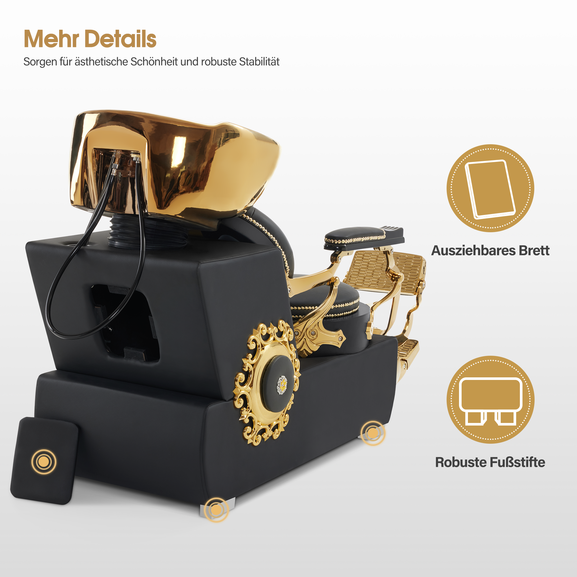 Barberpub Friseurstuhl mit Waschbecken, Friseurwaschbecken aus Keramik Verstellbar, Rückwärtswaschsessel Friseurwaschsessel für SPA Salon, Friseur Waschplatz Retro 8024 (Gold-Schwarz/PVC)