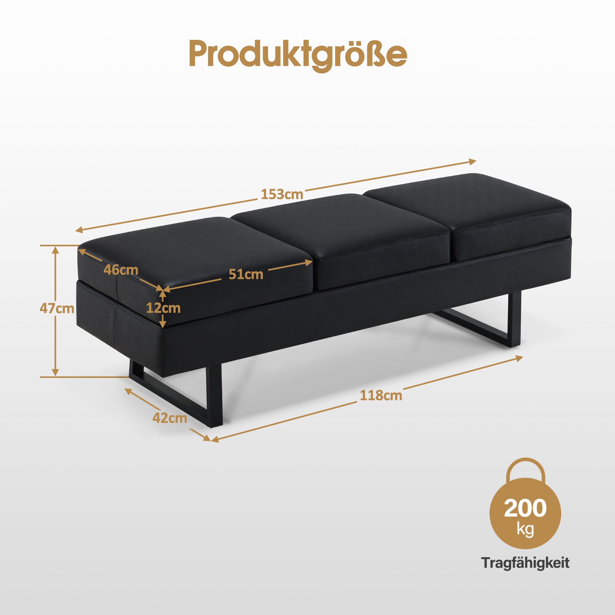 BarberPub 3-Sitzer Sitzbank für Friseursalon, Breite 153 cm, Wartebank Friseur, Polsterbank Schlafzimmer, Bettbank für Wohnzimmer, Schuhbank Flurbank, W513 (Schwarz/Kunstleder)