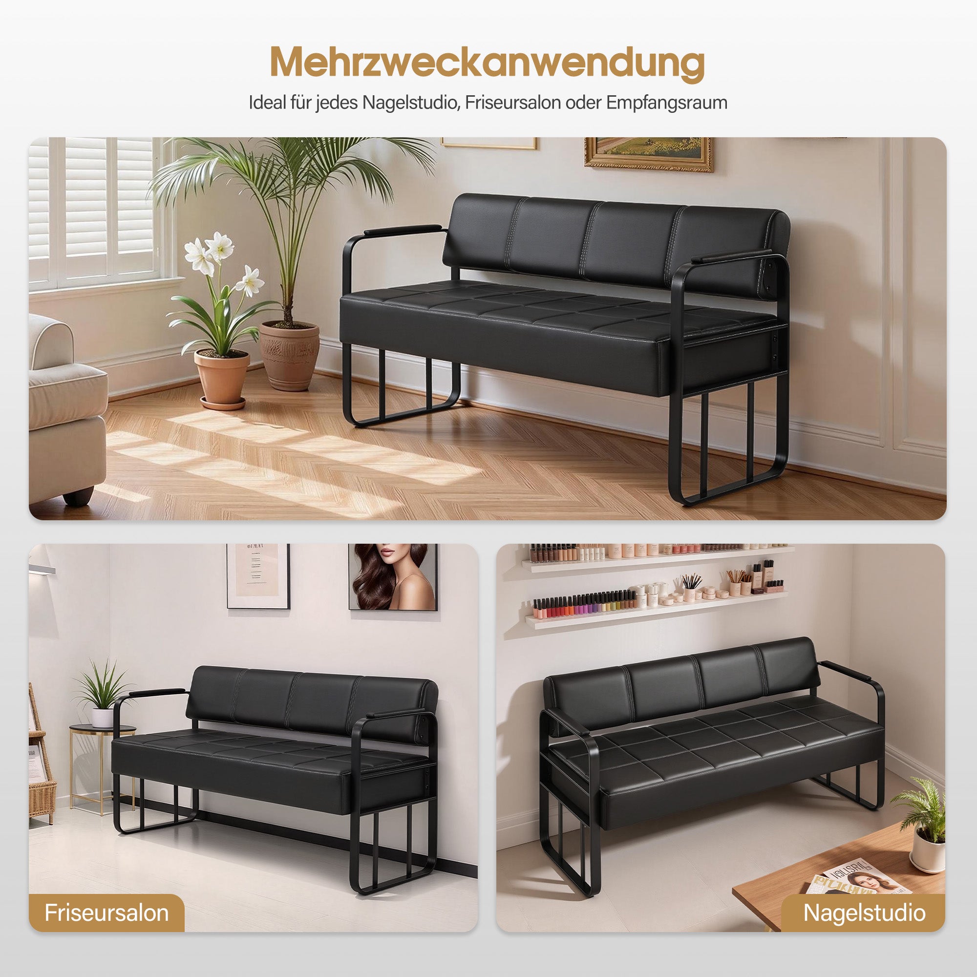 Barberpub 3-Sitzer Sitzbank mit Armlehnen, Polsterbank mit Rückenlehn Wartebank Friseur, Wohnzimmerbank, Friseureinrichtung W528