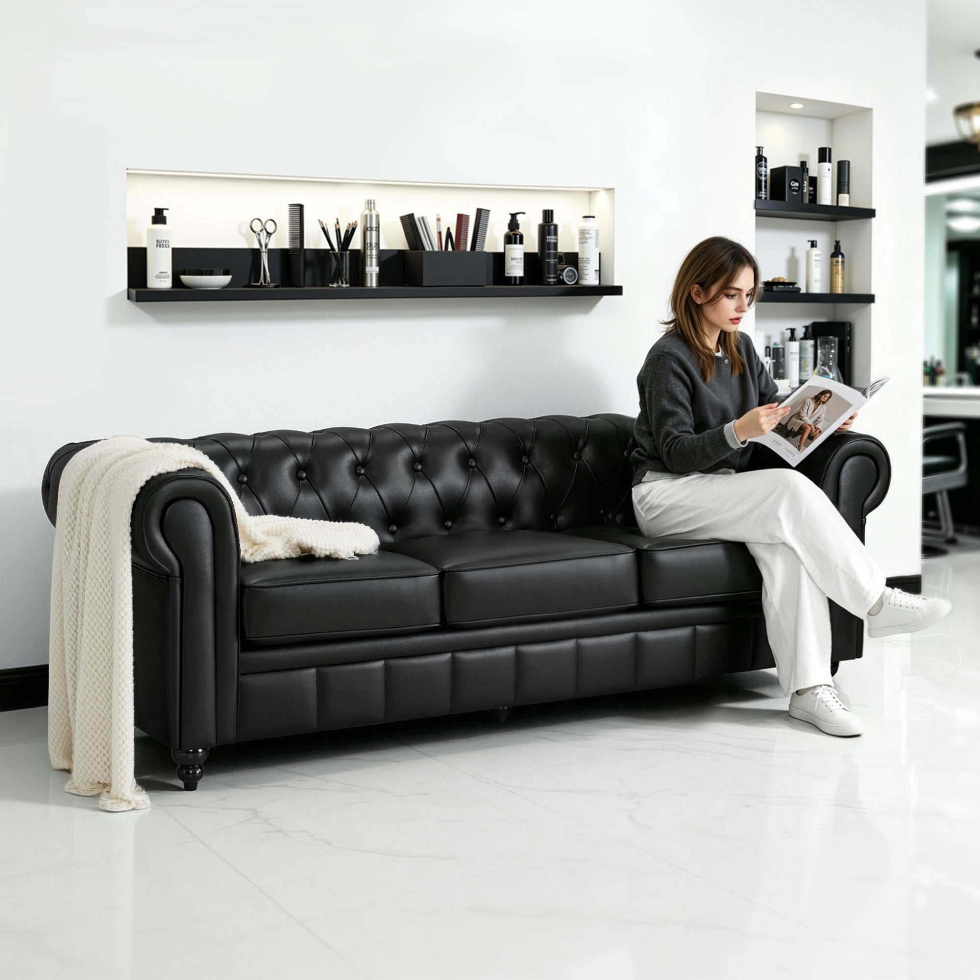 BarberPub Chesterfield Sofa 3-Sitzer 208cm, Wartebank Friseur Vintage, Sitzbank mit Rückenlehne & Armlehne Couch 3-er, Friseureinrichtung Klassisch W536