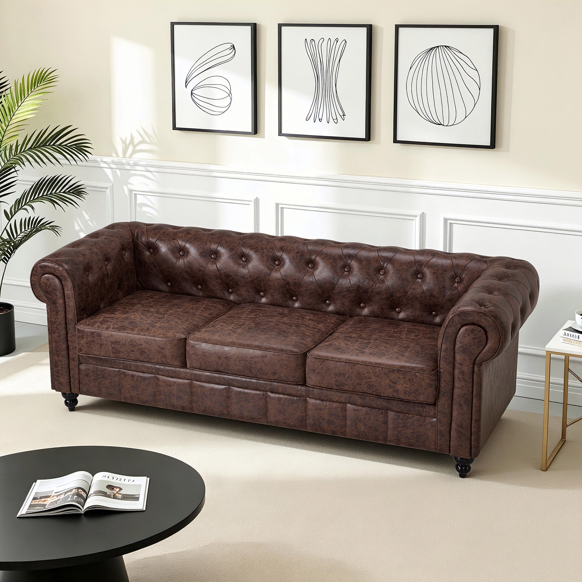 BarberPub Chesterfield Sofa 3-Sitzer 208cm, Wartebank Friseur Vintage, Sitzbank mit Rückenlehne & Armlehne Couch 3-er, Friseureinrichtung Klassisch W536