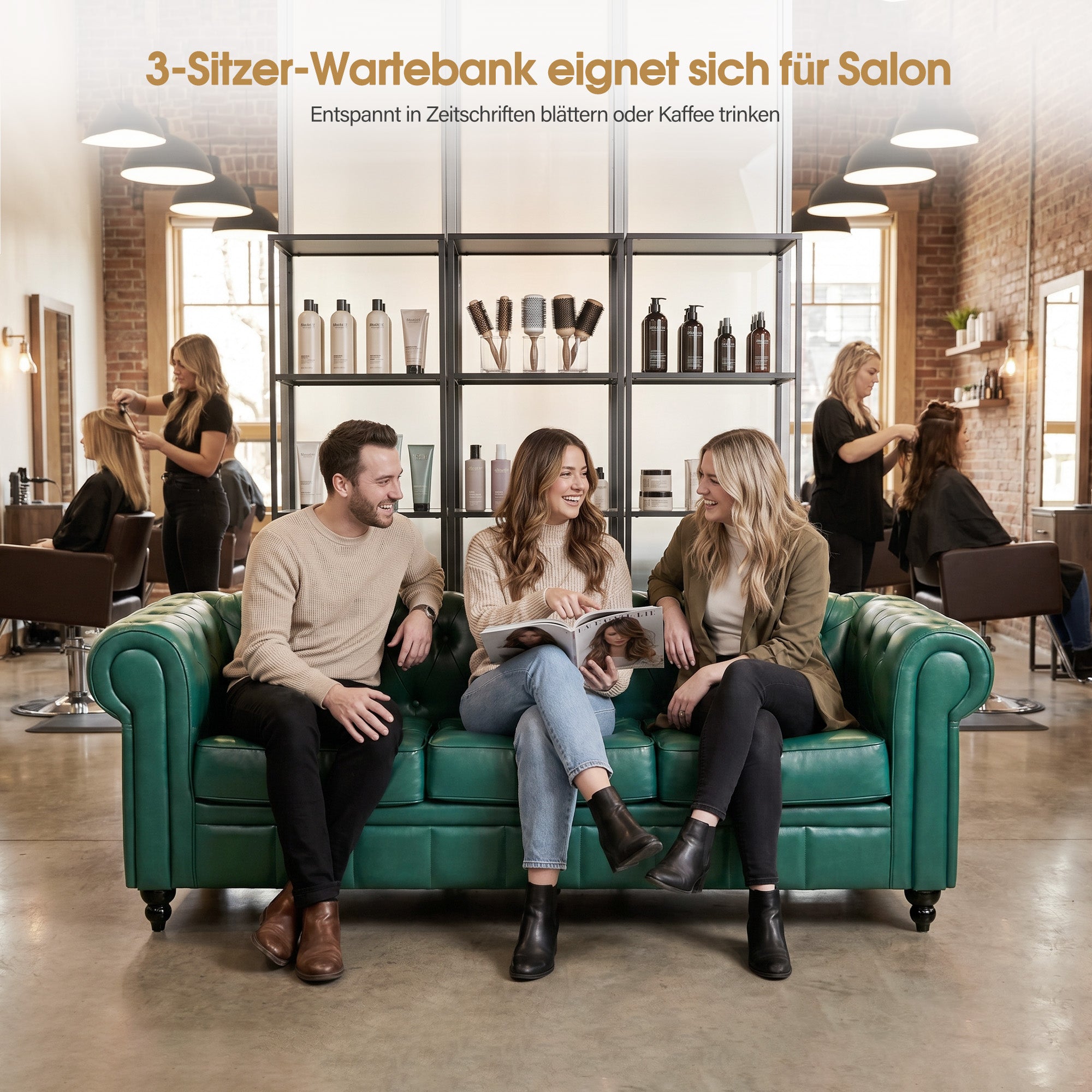 BarberPub Chesterfield Sofa 3-Sitzer 208cm, Wartebank Friseur Vintage, Sitzbank mit Rückenlehne & Armlehne Couch 3-er, Friseureinrichtung Klassisch W536