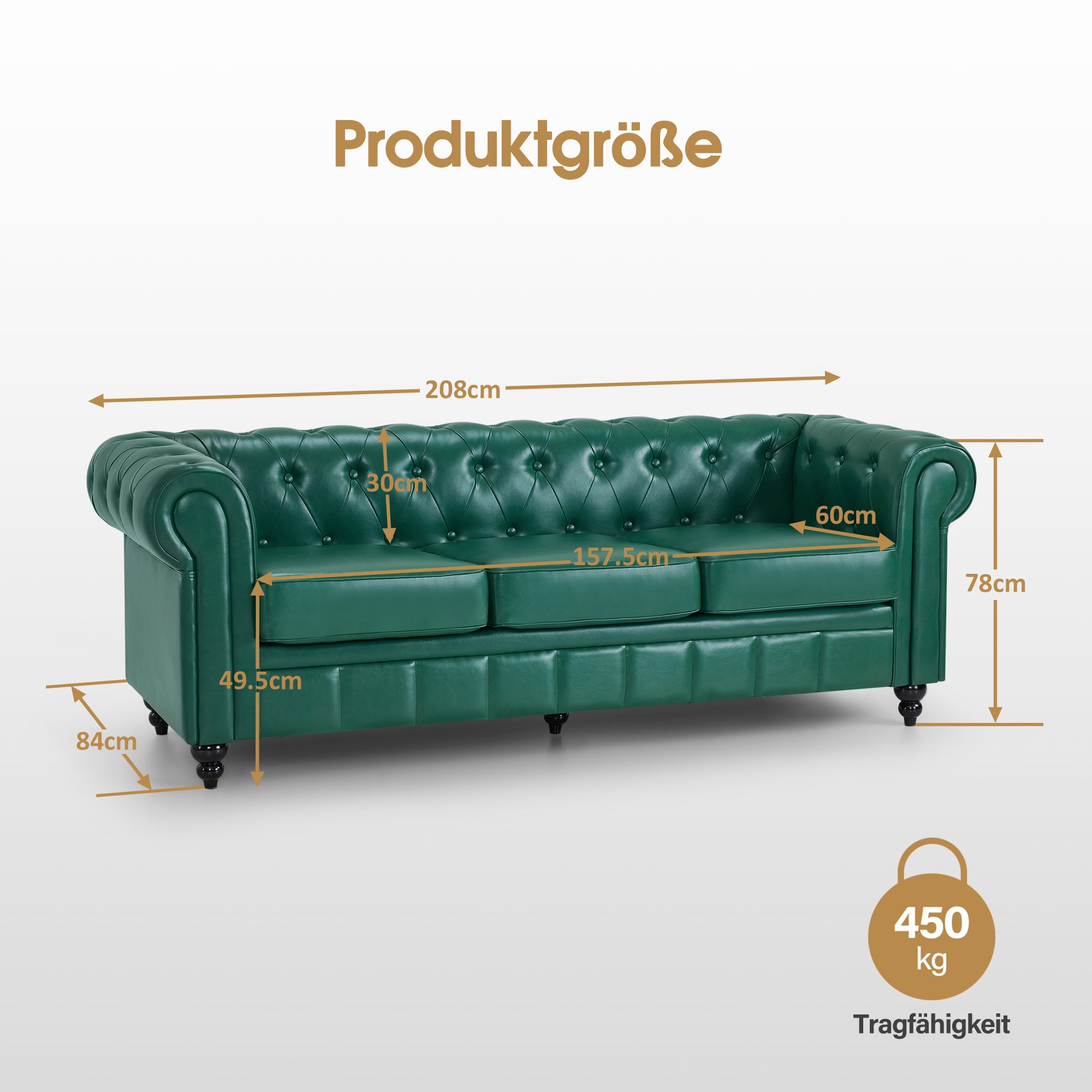 BarberPub Chesterfield Sofa 3-Sitzer 208cm, Wartebank Friseur Vintage, Sitzbank mit Rückenlehne & Armlehne Couch 3-er, Friseureinrichtung Klassisch W536