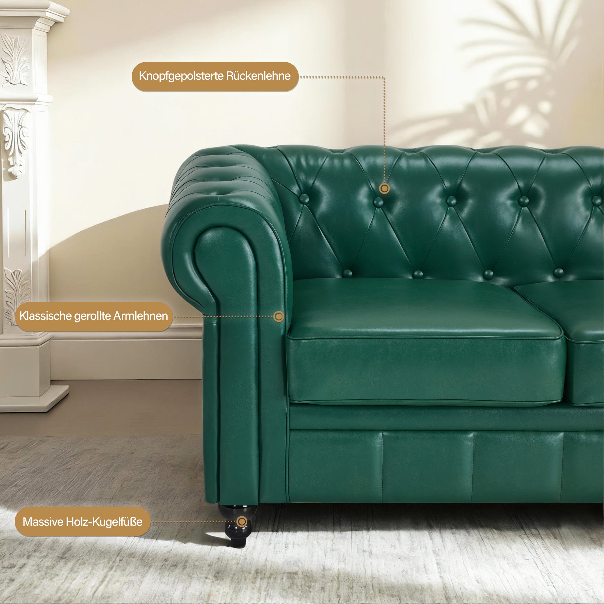 BarberPub Chesterfield Sofa 3-Sitzer 208cm, Wartebank Friseur Vintage, Sitzbank mit Rückenlehne & Armlehne Couch 3-er, Friseureinrichtung Klassisch W536