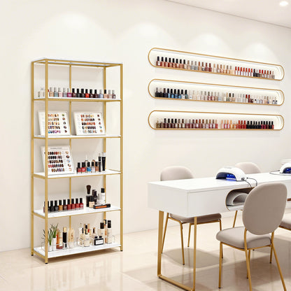 BarberPub Bücherregal Gold, Standregal mit 5 Ebenen, Büroregal mit Metallrahmen, Regal für Büro, Wohnzimmer, Schlafzimmer, Küche, Nagelstudio, 30x80x180cm, 5166