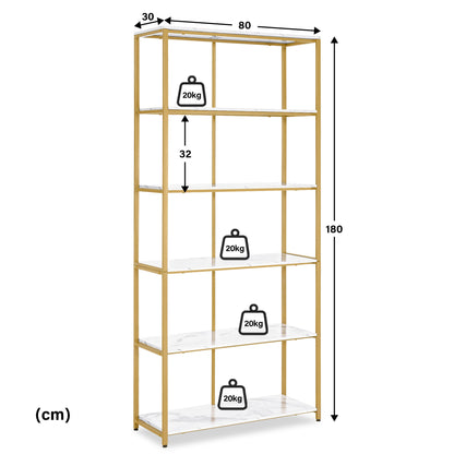 BarberPub Bücherregal Gold, Standregal mit 5 Ebenen, Büroregal mit Metallrahmen, Regal für Büro, Wohnzimmer, Schlafzimmer, Küche, Nagelstudio, 30x80x180cm, 5166