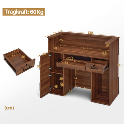 BarberPub Empfangstheke mit 2 Schubladen & 3 Schränken, Empfangstisch Abschließbar, Empfangstresen Holz, Rezeptionstisch Rezeptionstheke Kassentheke für Friseursalon, 55x120x110 cm, R9760 (Braun)