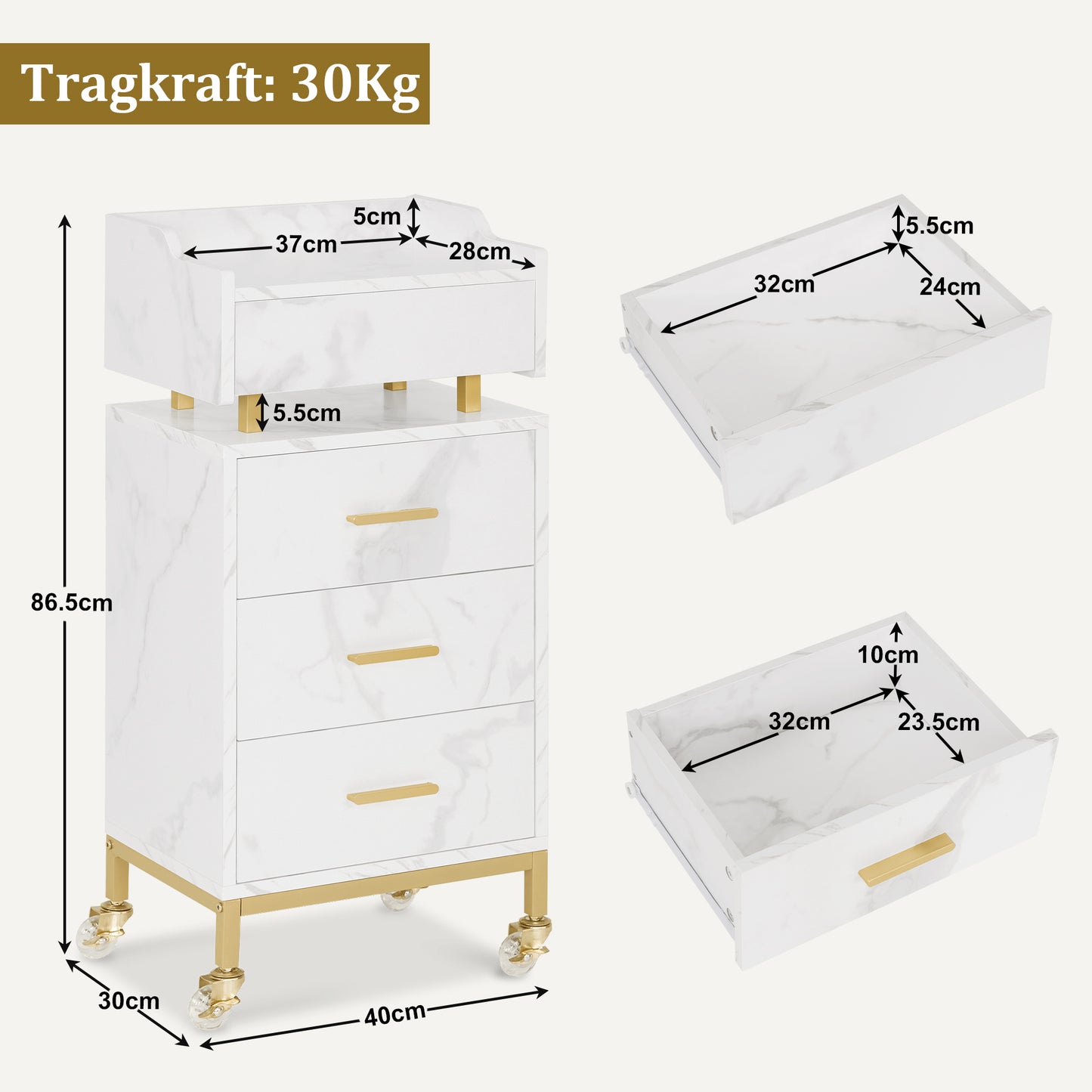 BarberPub Servierwagen mit Rollen & 4 Schubladen, Rollwagen Friseurwagen Weiß, Salon Trolley mit Ablage, Moderner Arbeitswagen für Bad Wohnzimmer, 30x40x86,5 cm, 0062