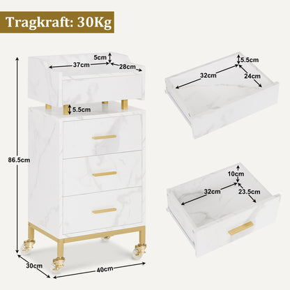 BarberPub Servierwagen mit Rollen & 4 Schubladen, Rollwagen Friseurwagen Weiß, Salon Trolley mit Ablage, Moderner Arbeitswagen für Bad Wohnzimmer, 30x40x86,5 cm, 0062