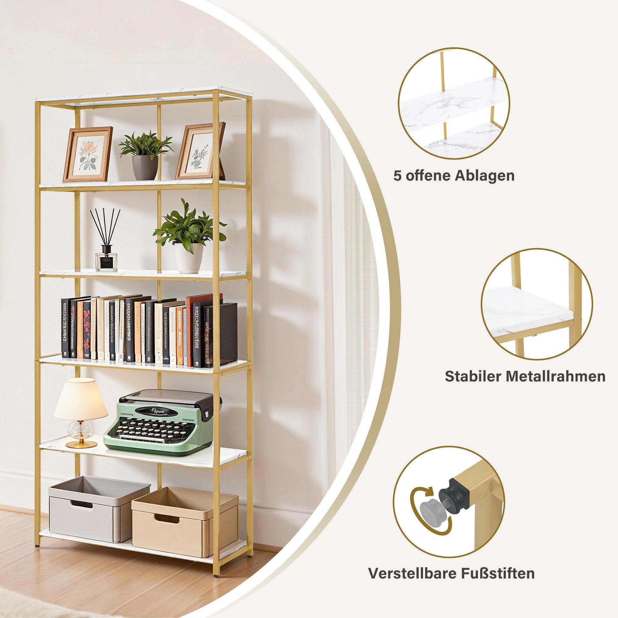 BarberPub Bücherregal Gold, Standregal mit 5 Ebenen, Büroregal mit Metallrahmen, Regal für Büro, Wohnzimmer, Schlafzimmer, Küche, Nagelstudio, 30x80x180cm, 5166