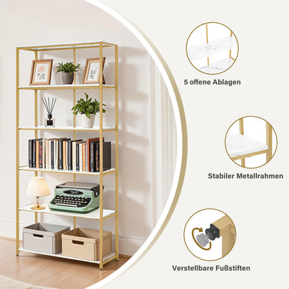 BarberPub Bücherregal Gold, Standregal mit 5 Ebenen, Büroregal mit Metallrahmen, Regal für Büro, Wohnzimmer, Schlafzimmer, Küche, Nagelstudio, 30x80x180cm, 5166