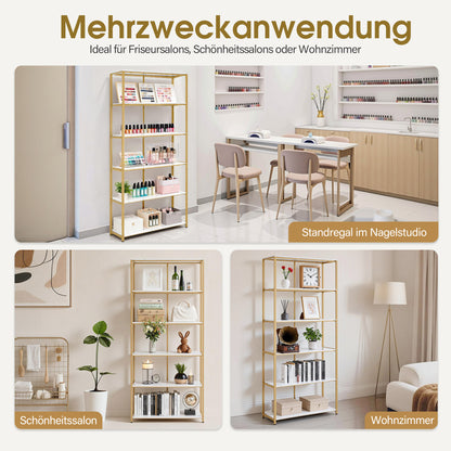 BarberPub Bücherregal Gold, Standregal mit 5 Ebenen, Büroregal mit Metallrahmen, Regal für Büro, Wohnzimmer, Schlafzimmer, Küche, Nagelstudio, 30x80x180cm, 5166