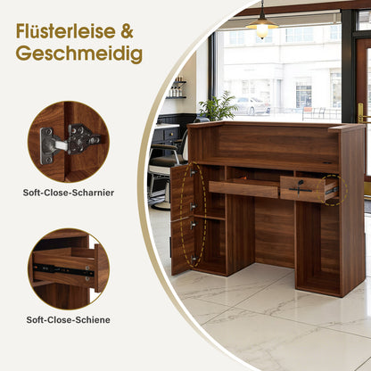 BarberPub Empfangstheke mit 2 Schubladen & 3 Schränken, Empfangstisch Abschließbar, Empfangstresen Holz, Rezeptionstisch Rezeptionstheke Kassentheke für Friseursalon, 55x120x110 cm, R9760 (Braun)