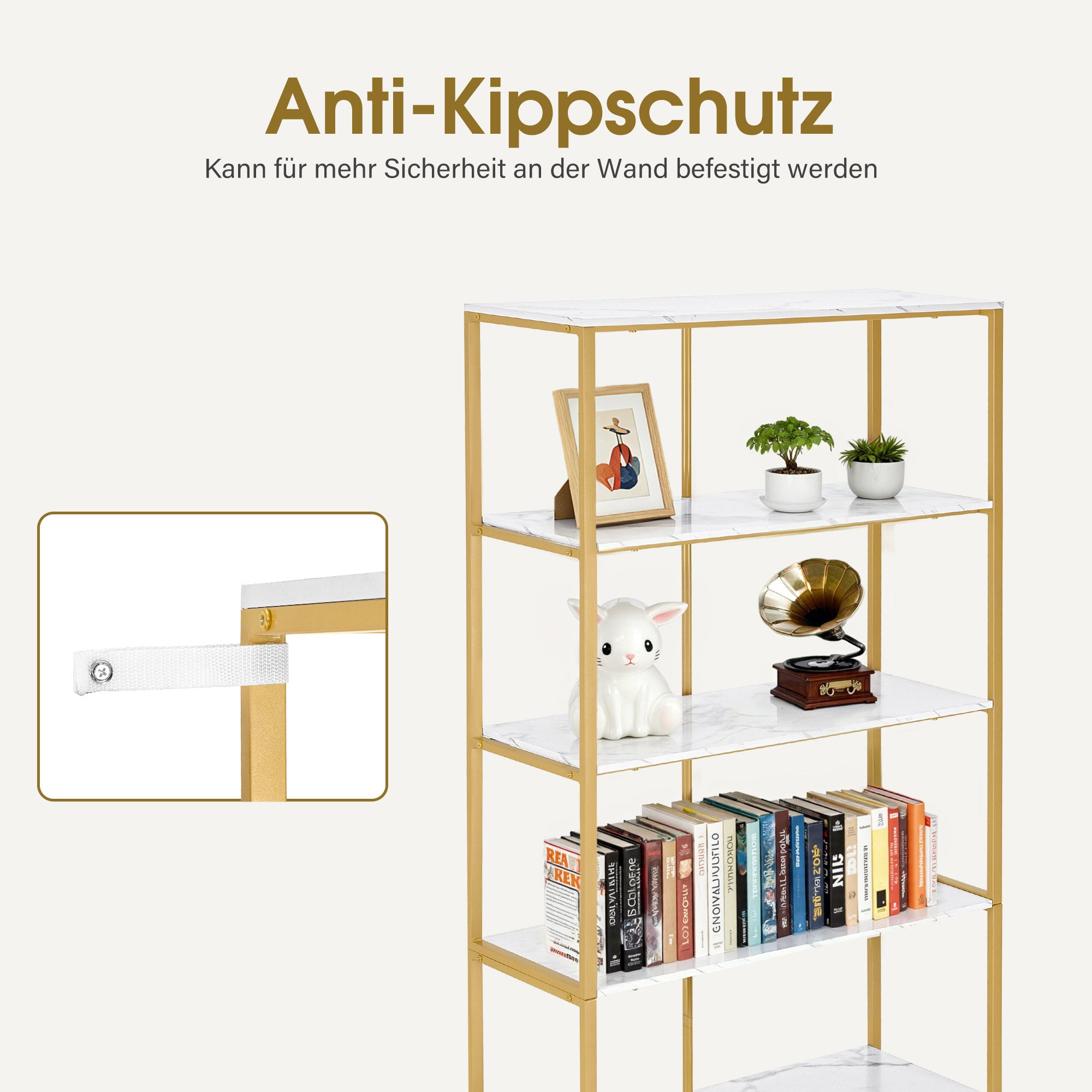 BarberPub Bücherregal Gold, Standregal mit 5 Ebenen, Büroregal mit Metallrahmen, Regal für Büro, Wohnzimmer, Schlafzimmer, Küche, Nagelstudio, 30x80x180cm, 5166