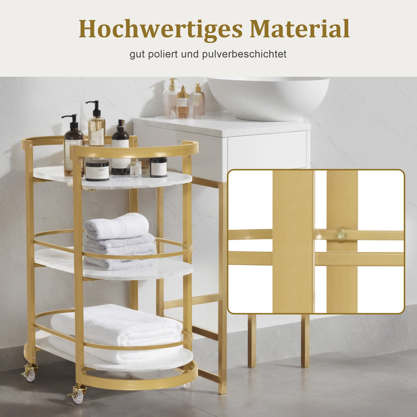 BarberPub Servierwagen mit Rollen, Friseurwagen Barwagen Metallgestell Weiß-Gold, Moderne Rollwagen Mehrzweckwagen mit 3 Ebenen, für Küche Bad Wohnzimmer Büro, 40x75,5x80, 0034