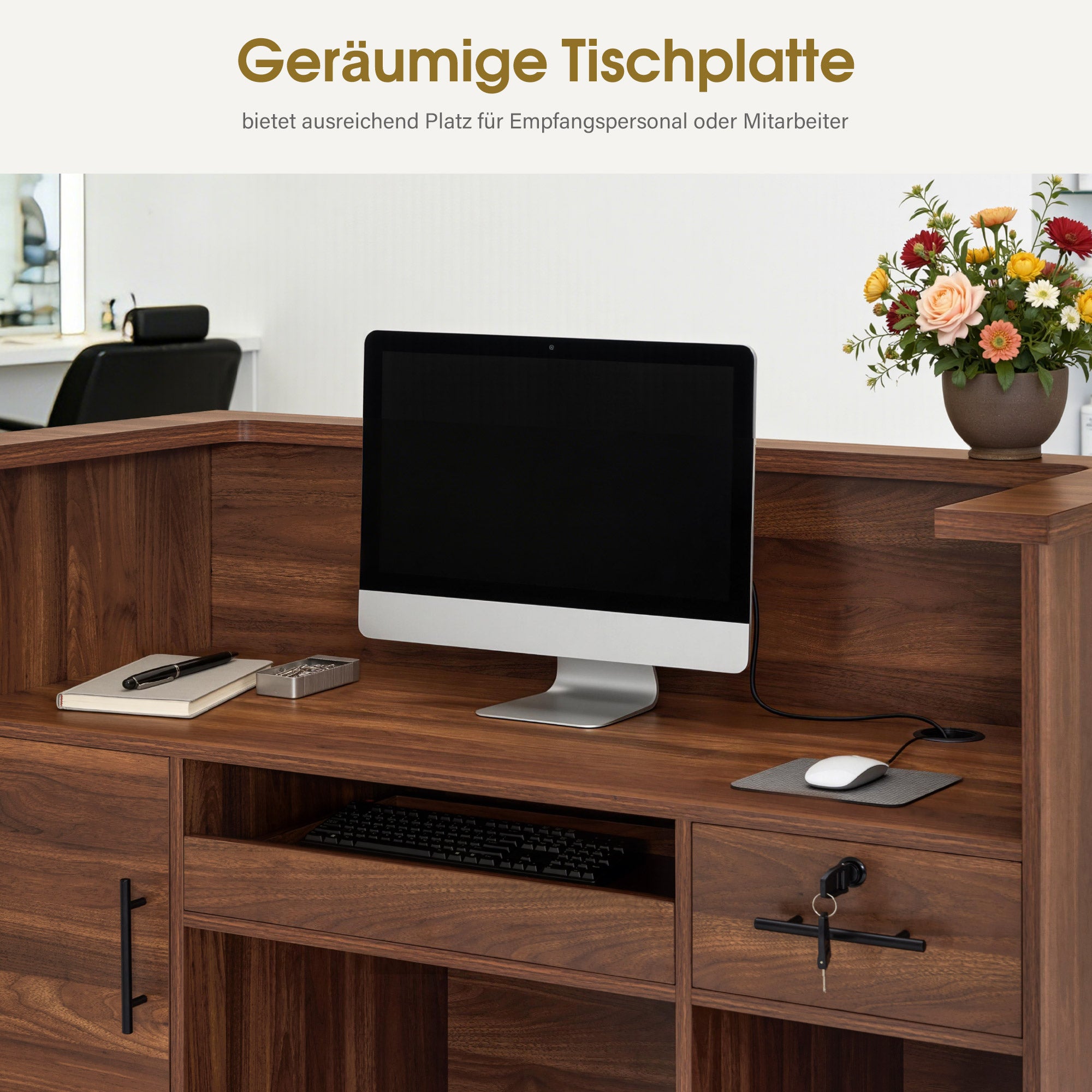 BarberPub Empfangstheke mit 2 Schubladen & 3 Schränken, Empfangstisch Abschließbar, Empfangstresen Holz, Rezeptionstisch Rezeptionstheke Kassentheke für Friseursalon, 55x120x110 cm, R9760 (Braun)